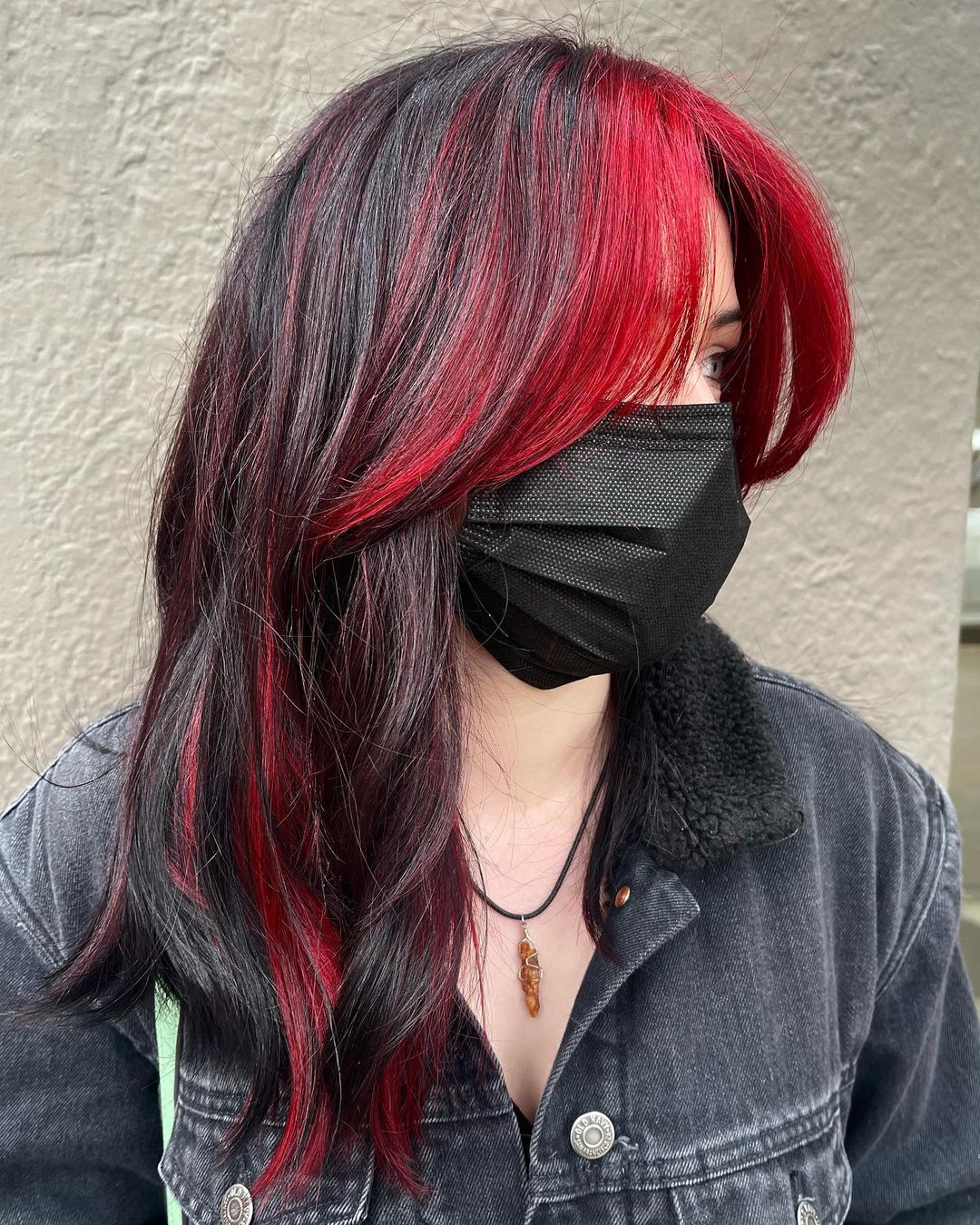 Long Black Hair with Red Bang