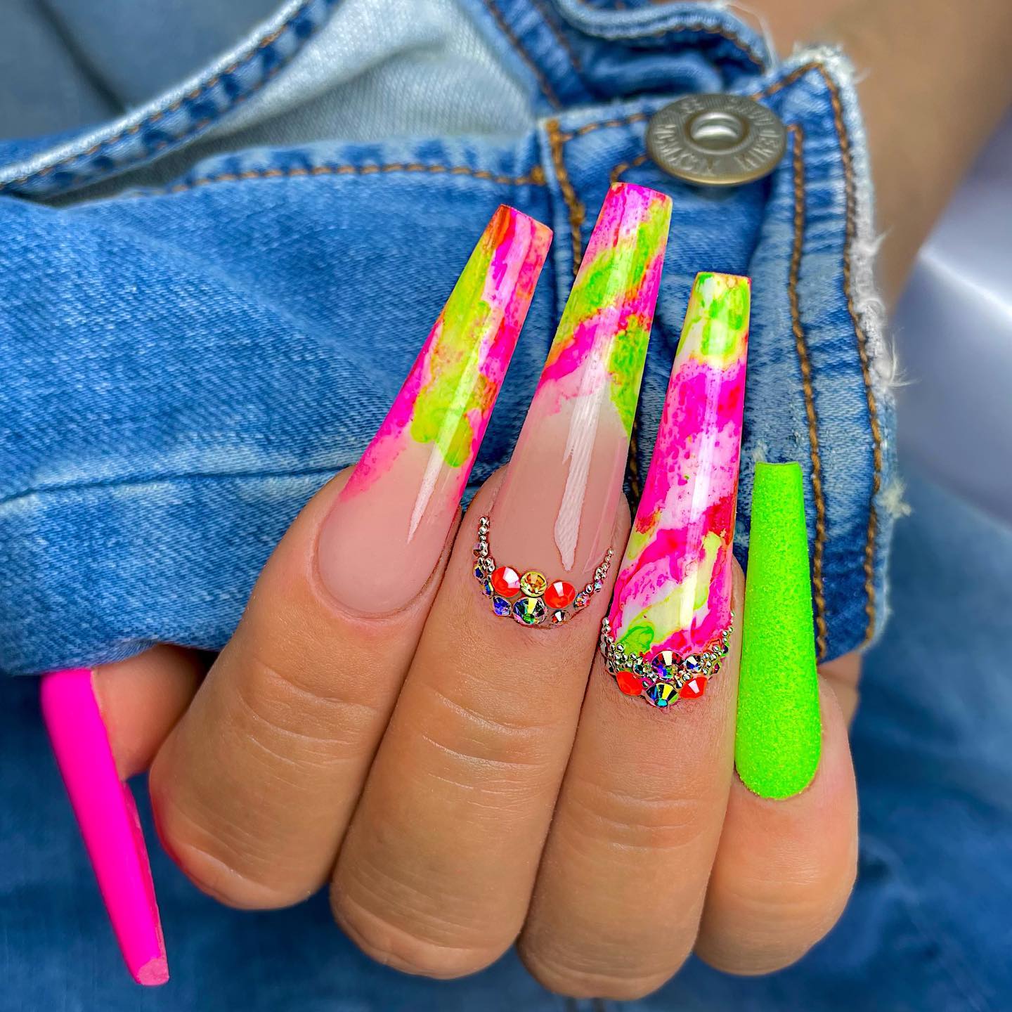 Long Coffin Rainbow Neon Nails with Rhinestones