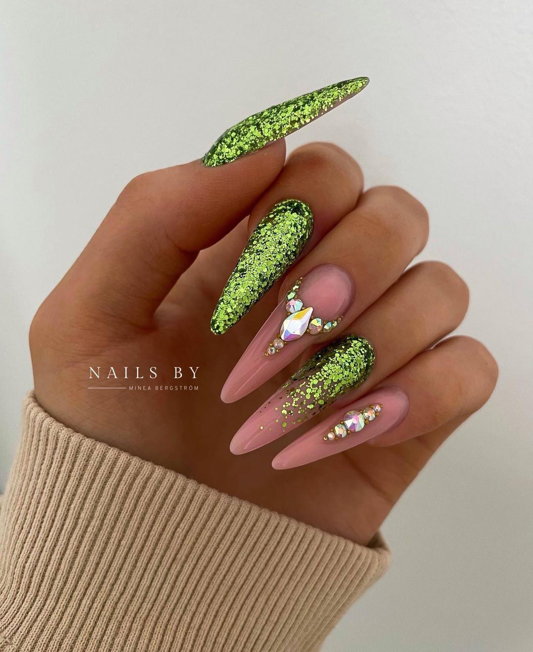 Long Gel Glitter Green Nails with Rhinestones