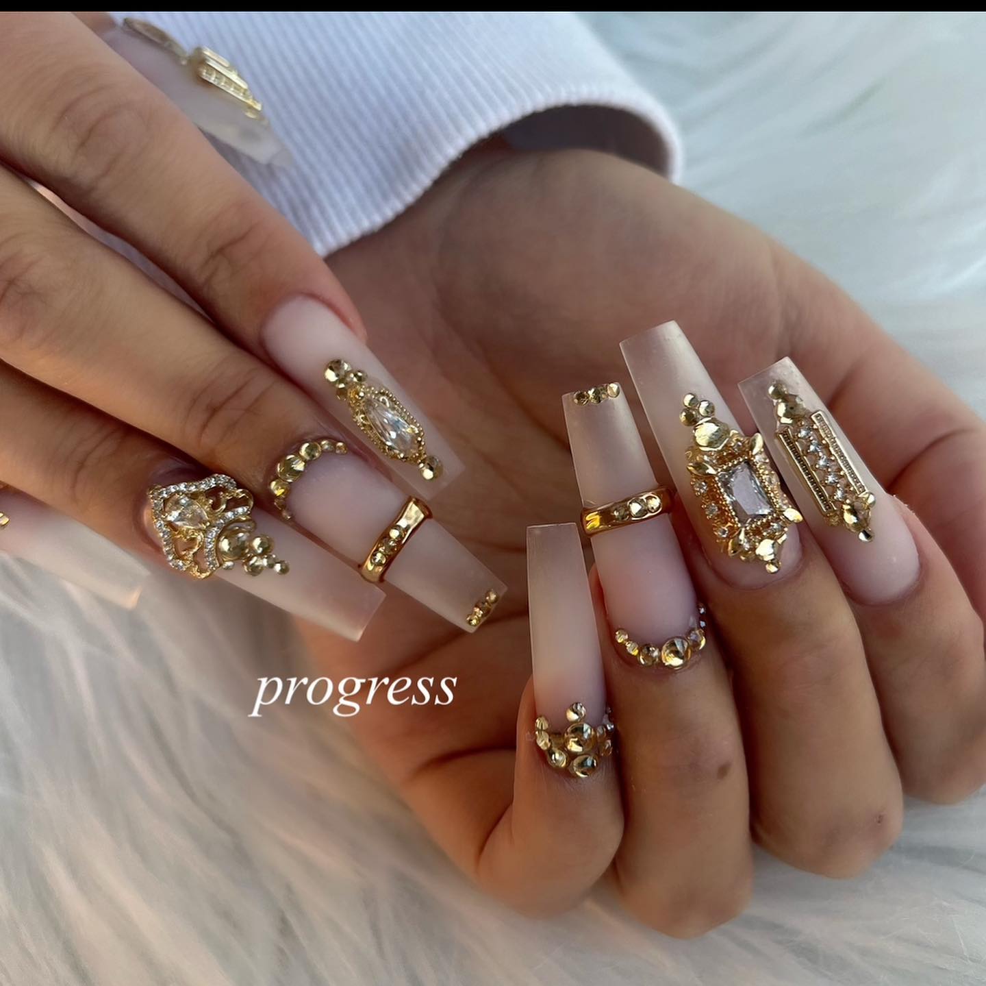 Long Nude Matte Nails with Rhinestones