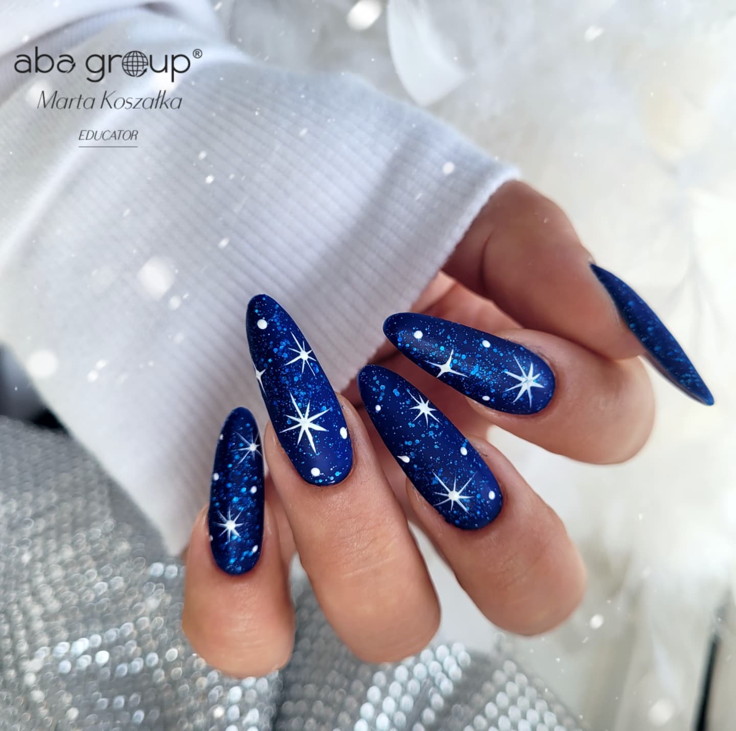 Long Round Dark Blue Nails with White Stars