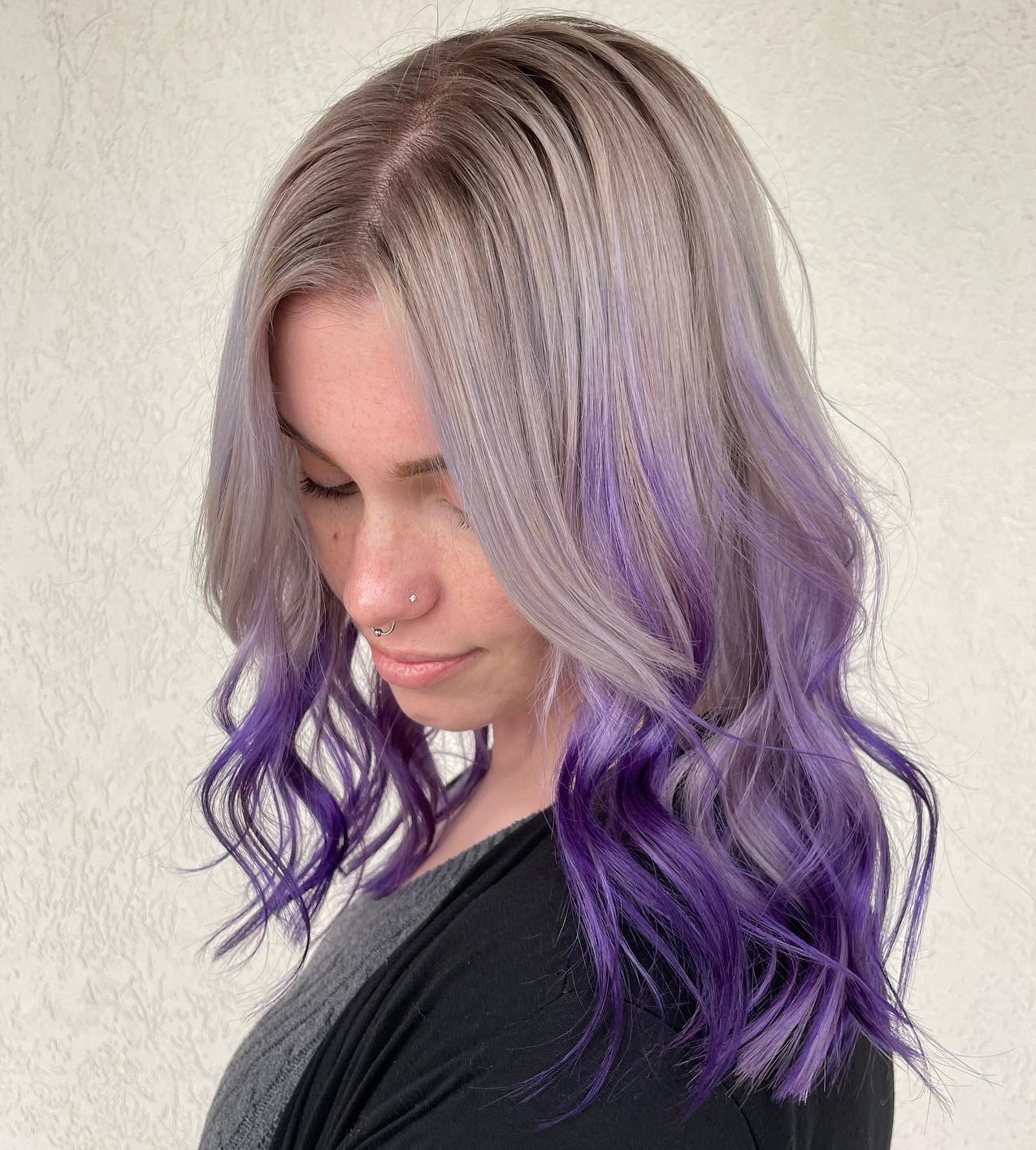 Mid-length Light Gray-to-Purple Ombre Hair Color