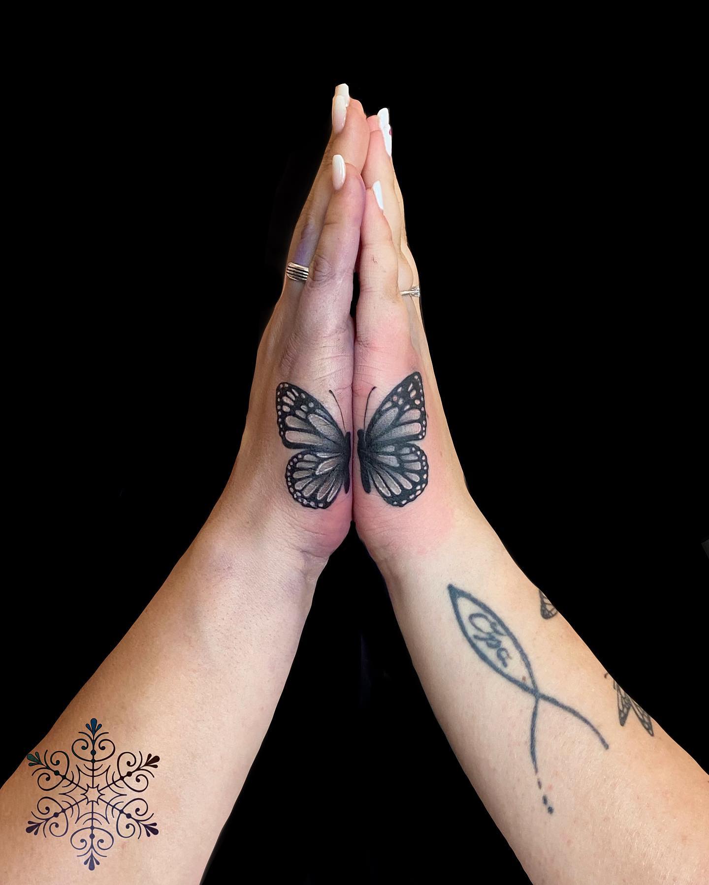 Mother and Daughter Butterfly Tattoo on Side of Hand