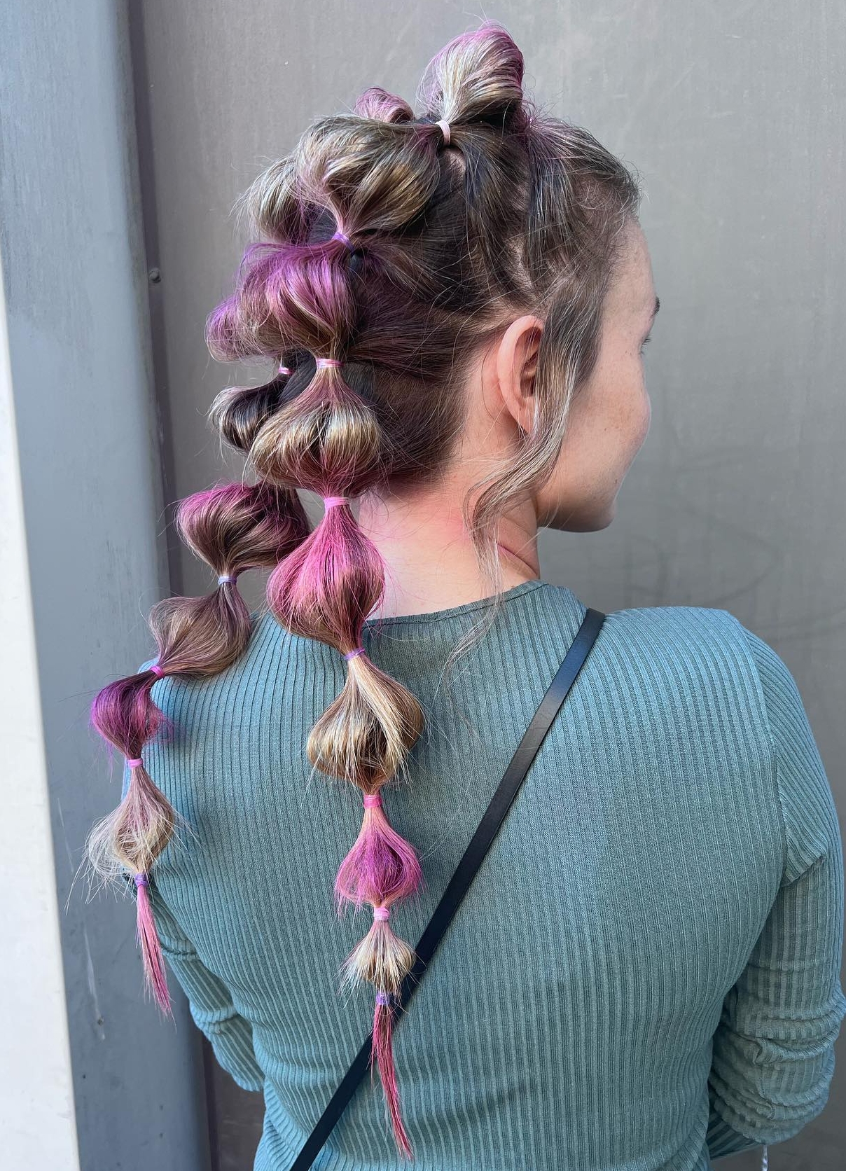Pigtail Bubble Braids on Long Dark Hair with Pink Highlights