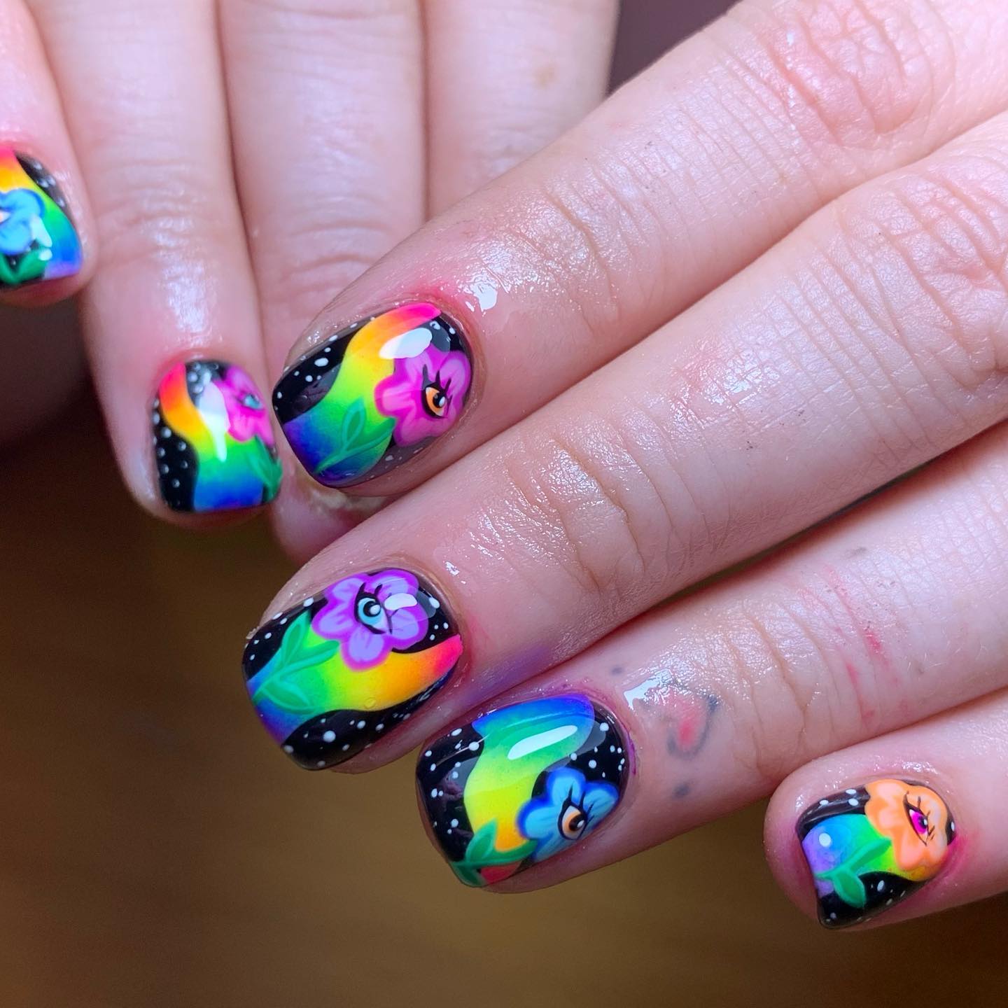 Rainbow Design on Black Nails
