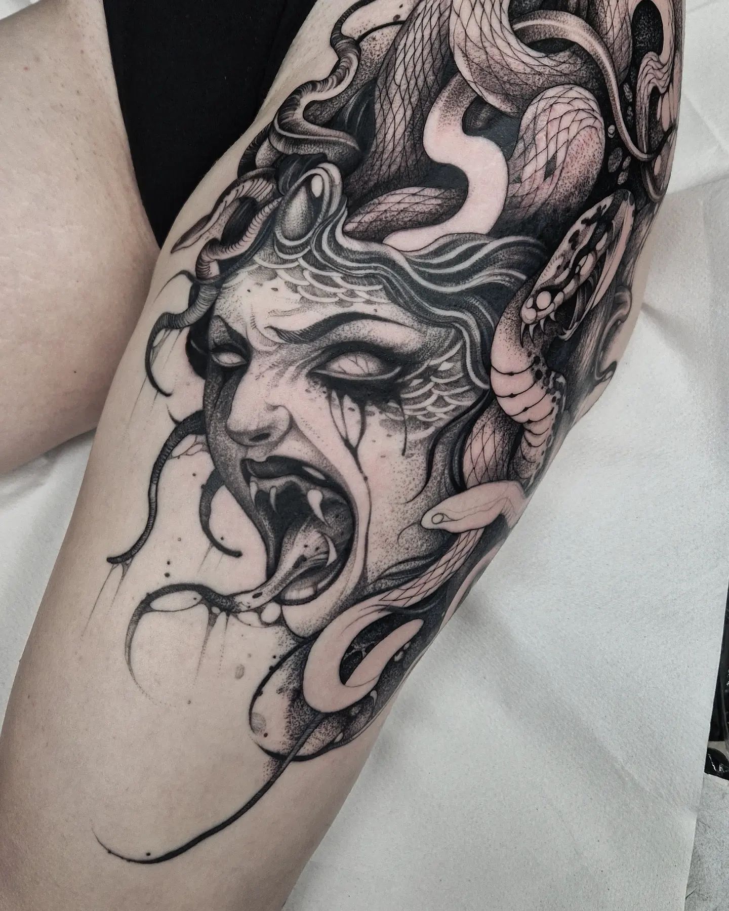 Scary Black Medusa Tattoo on Thigh