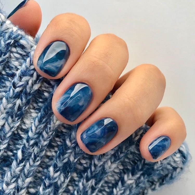 Short Dark Blue Marble Nails