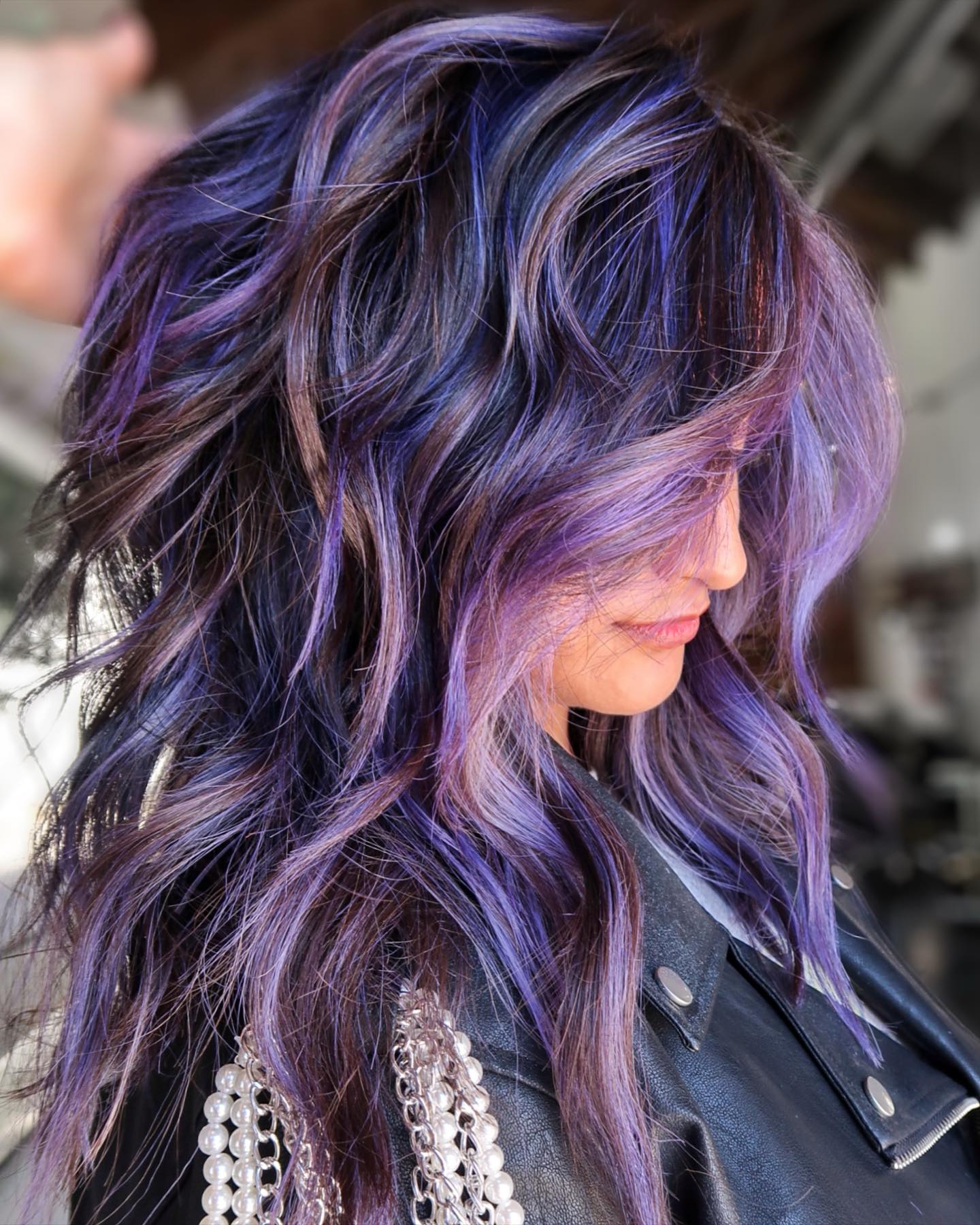 Thick Wavy Hair with Lavender Highlights