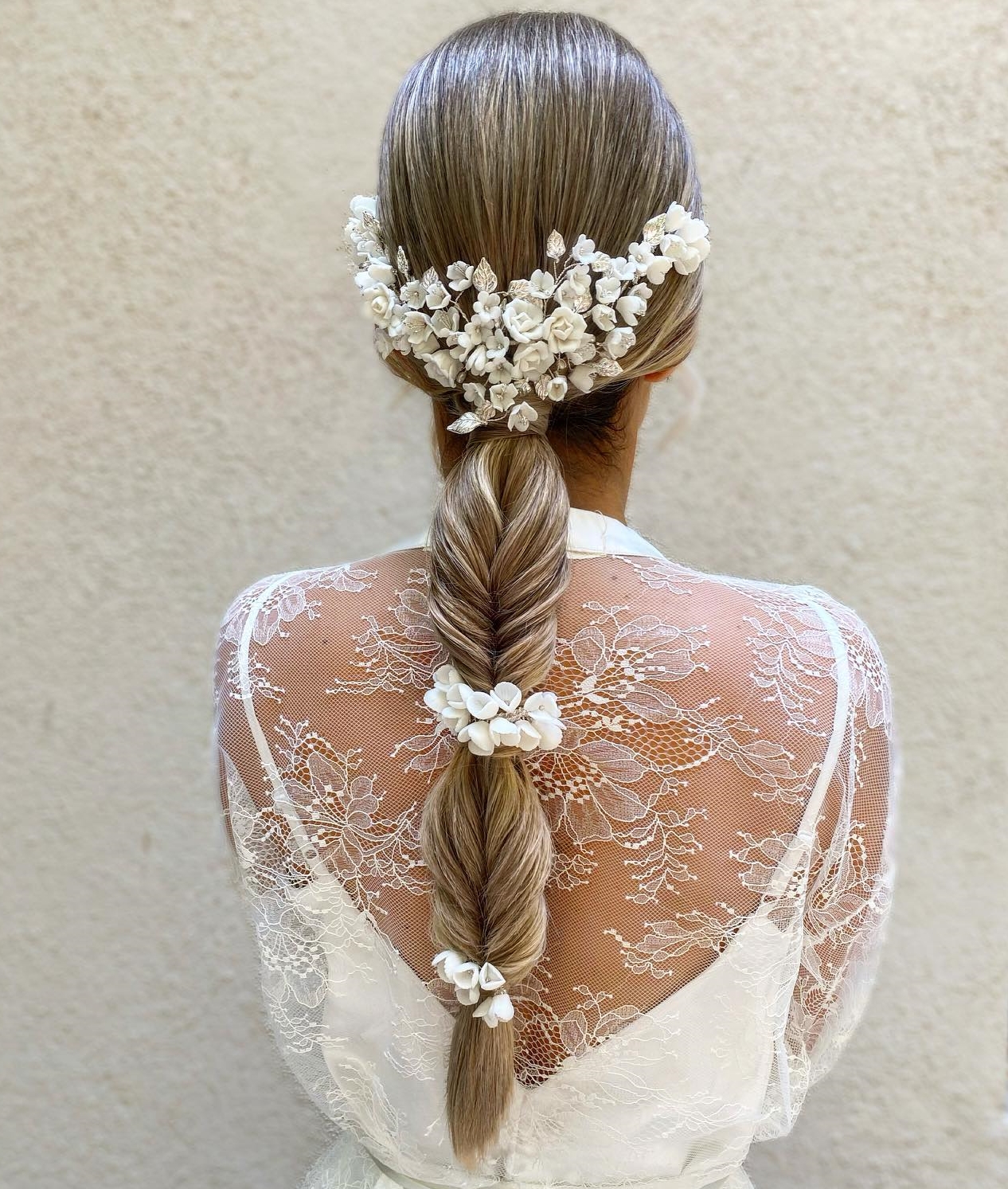 Wedding Fishtail Braid with Floral Hair Decor