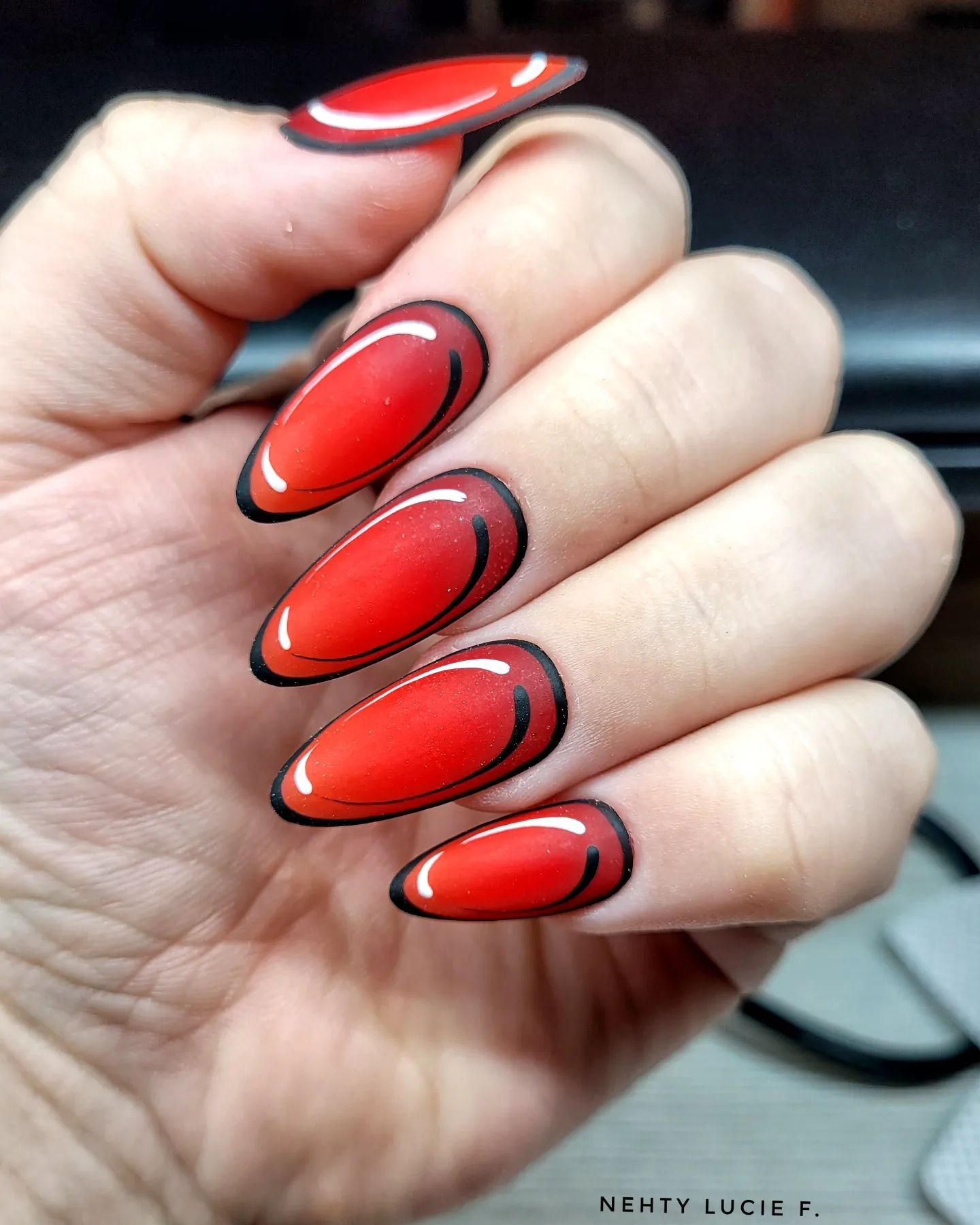 Black and Red Press on Design on Oval Nails