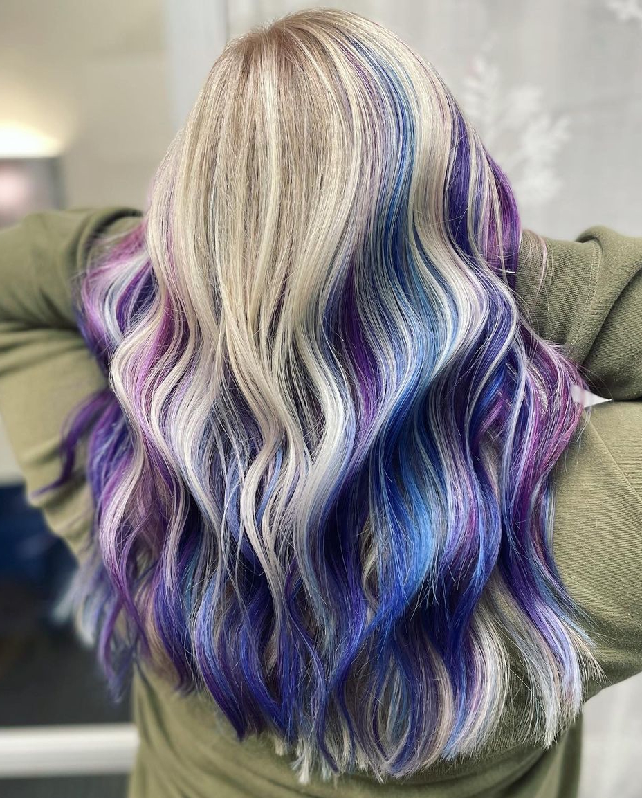 Blonde with Purple and Blue Highlights on Wavy Hair