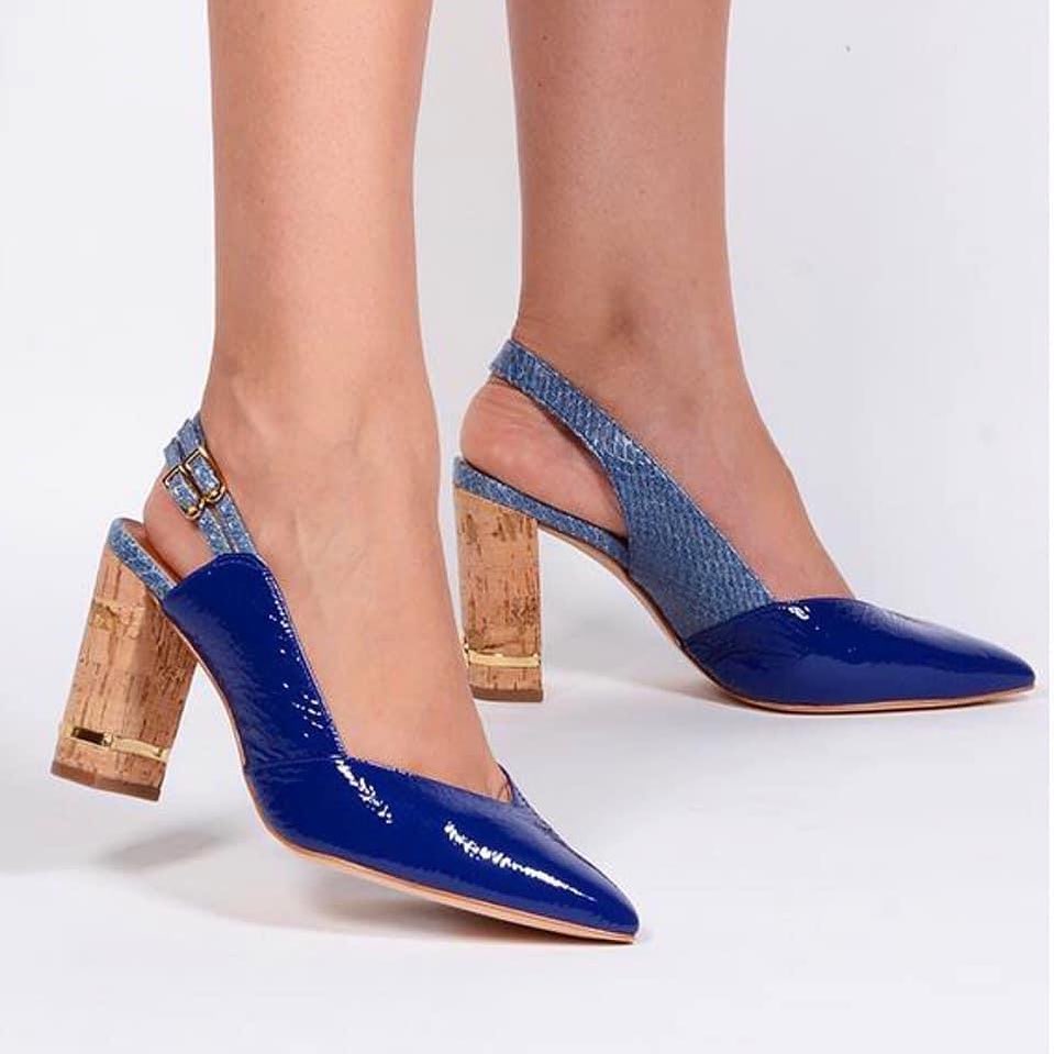 Blue Glossy Office Shoes with Open Heels