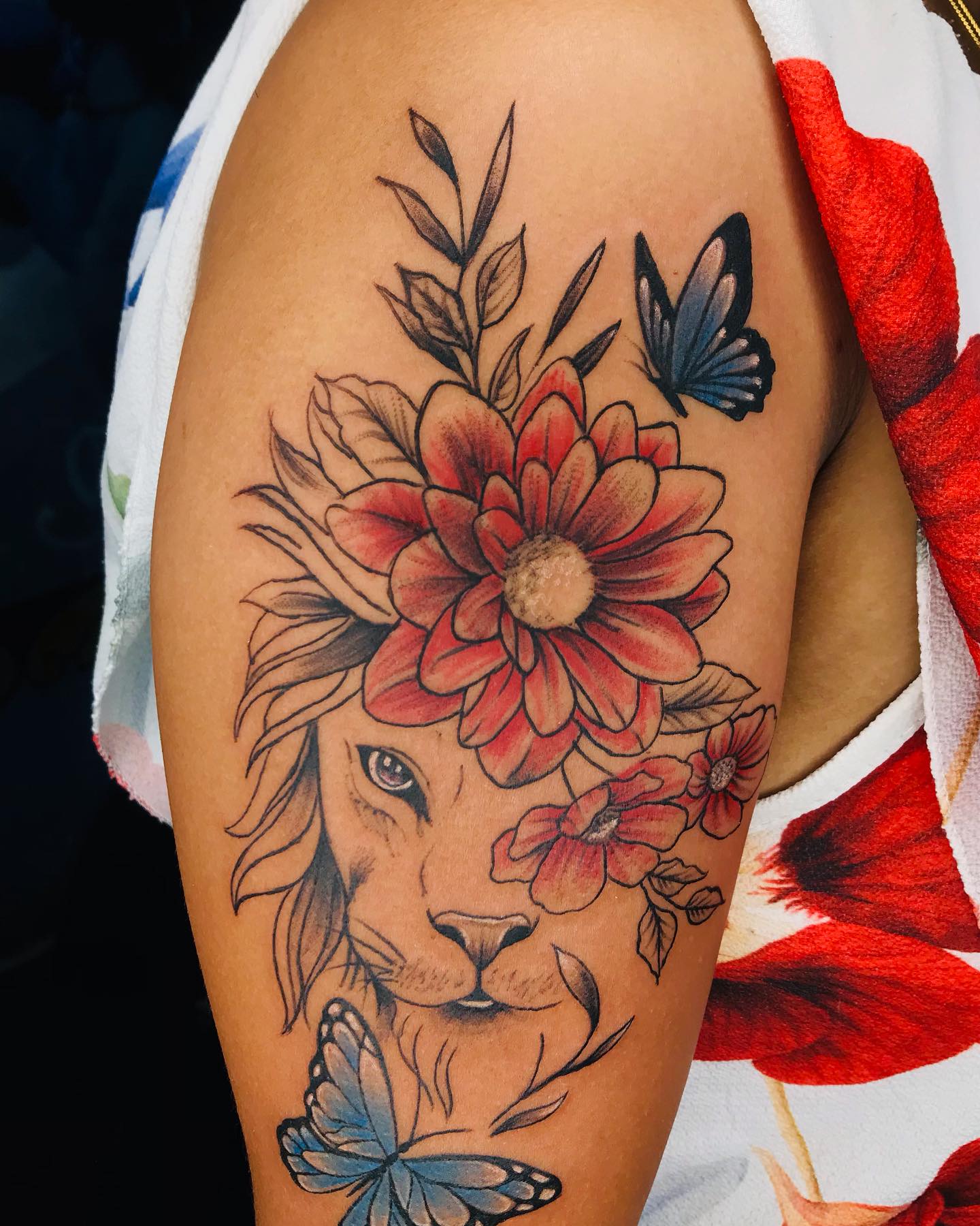 Colorful Half Lion Half Flower Tattoo on Arm