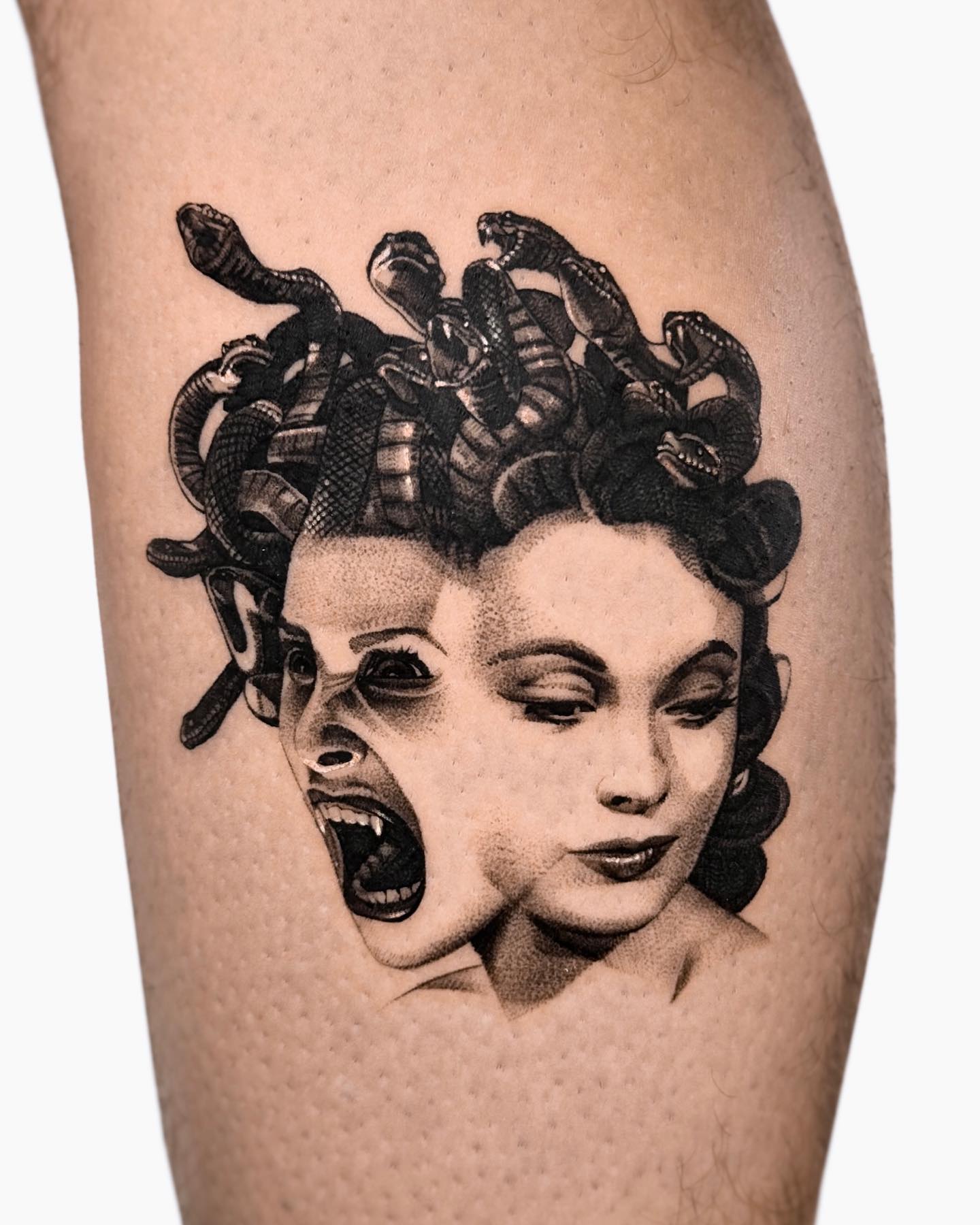 Double-faced Scary Medusa Tattoo on Leg