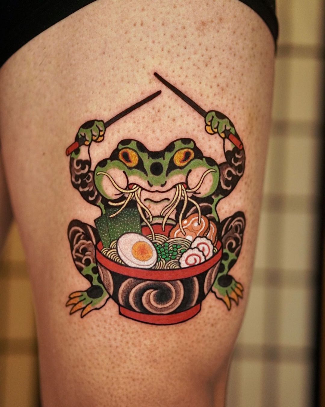 Japanese Eating Frog Tattoo on Leg