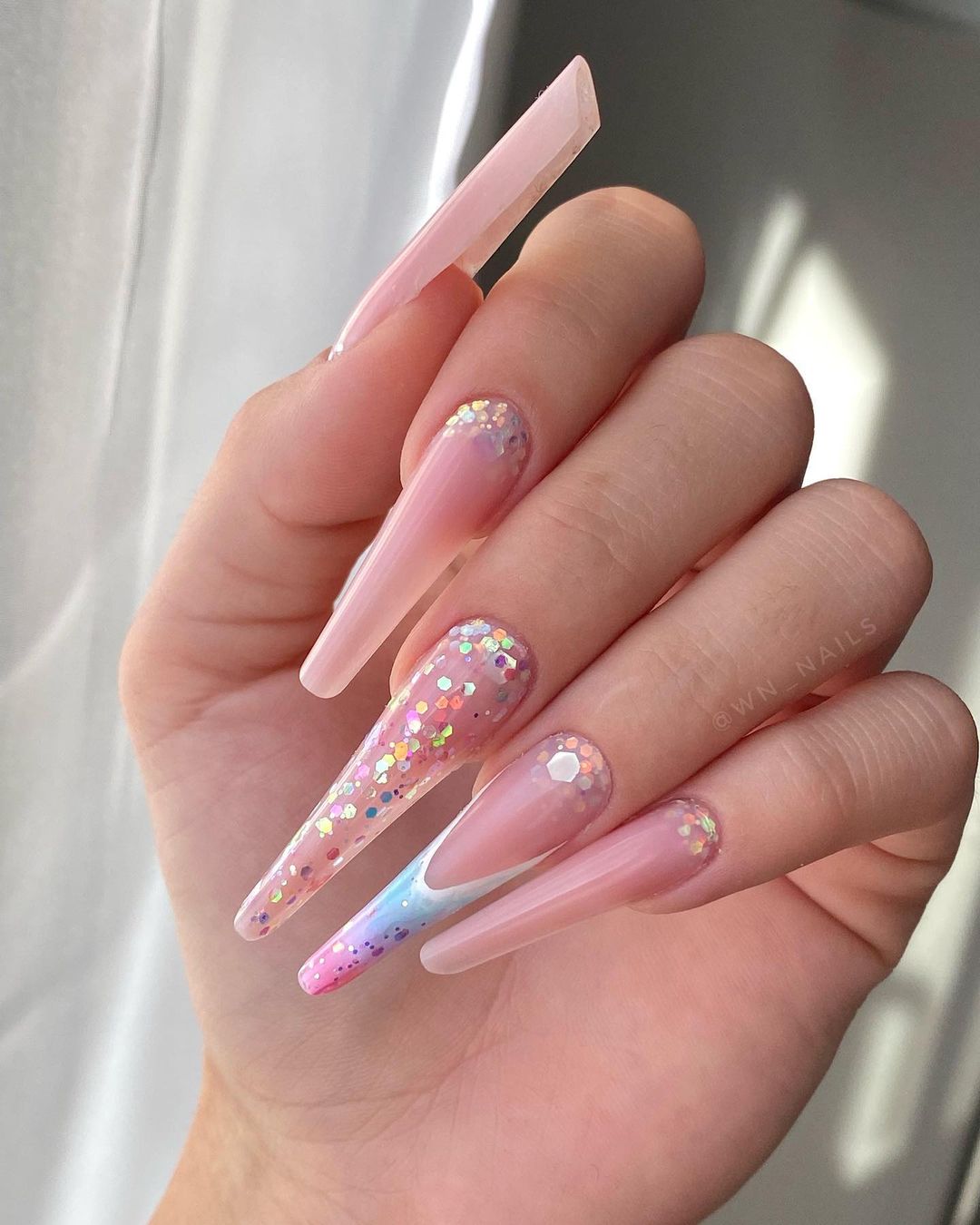 Long Acrylic Nude Stiletto Nails with Glitter