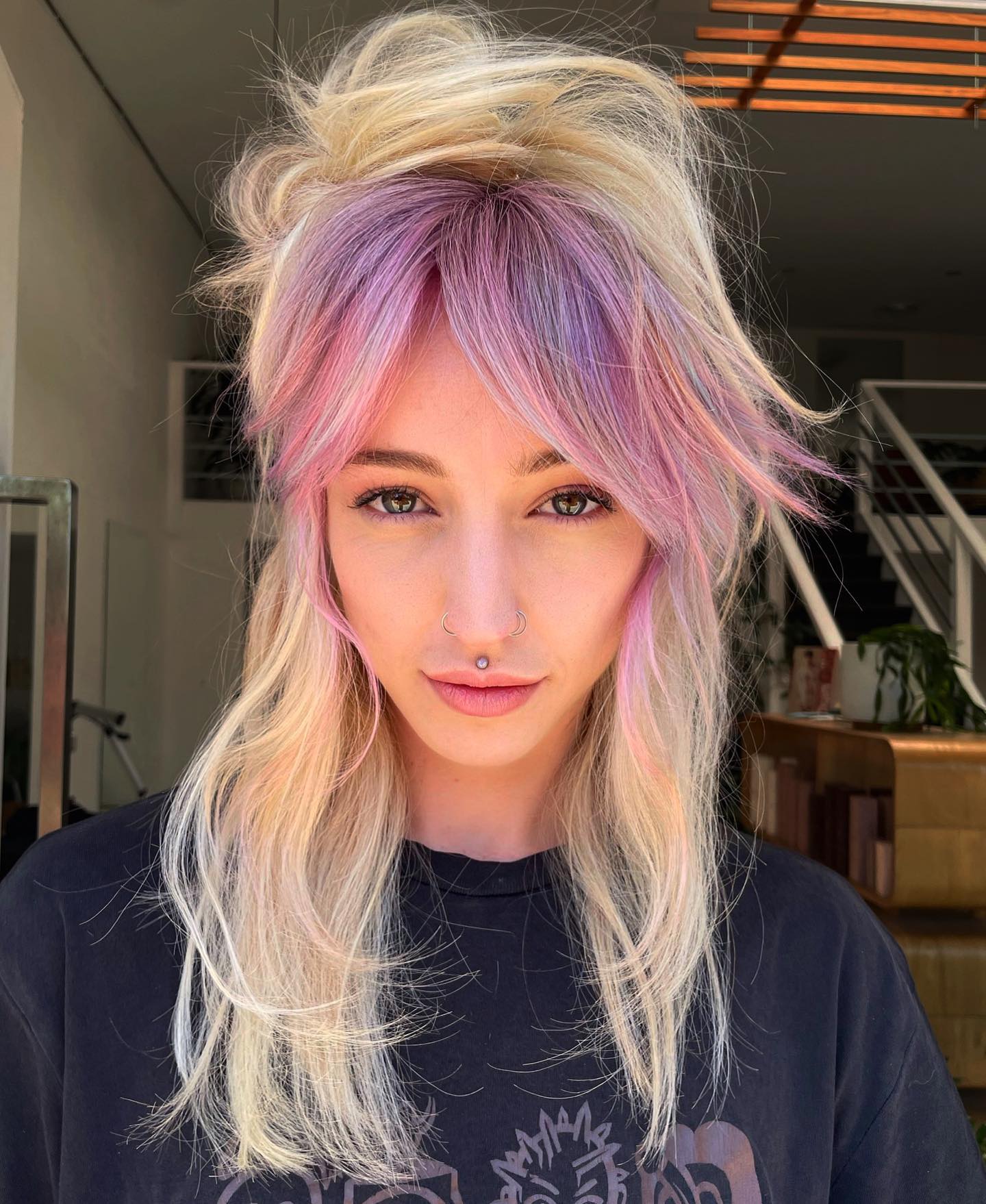 Long Blonde Hair with Pink Bang