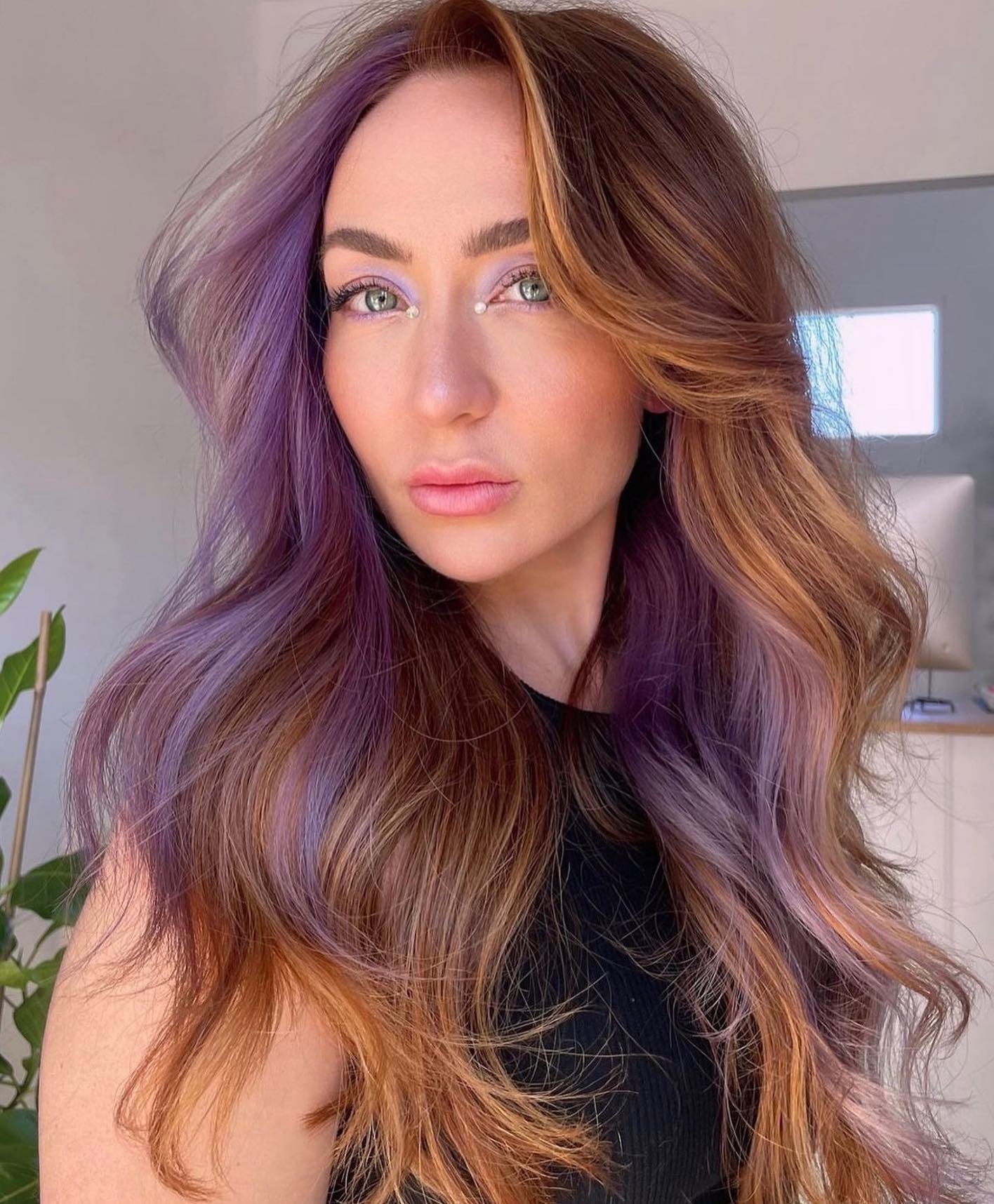 Long Brown Hair with Dusty Lavender Hues
