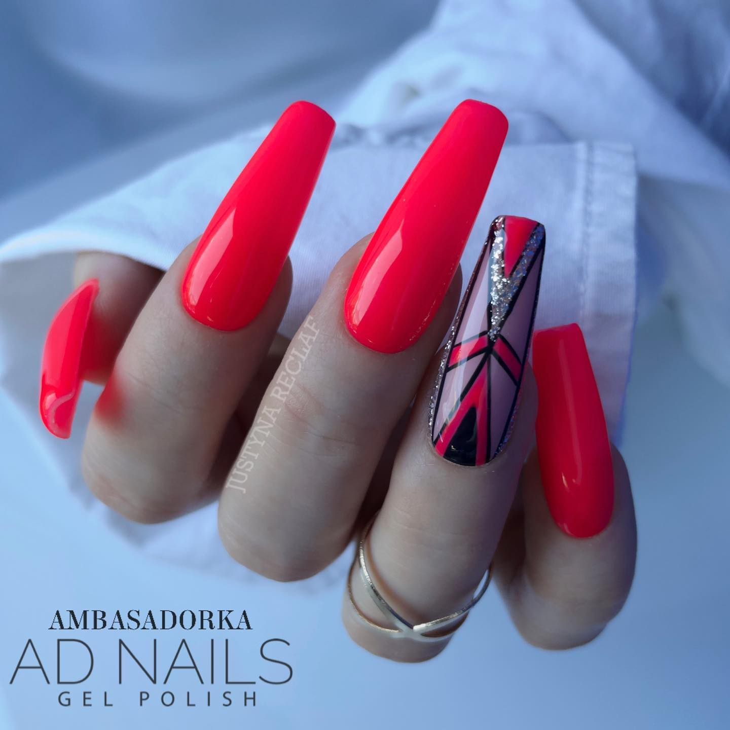 Long Coffin Red Neon Nails with Design