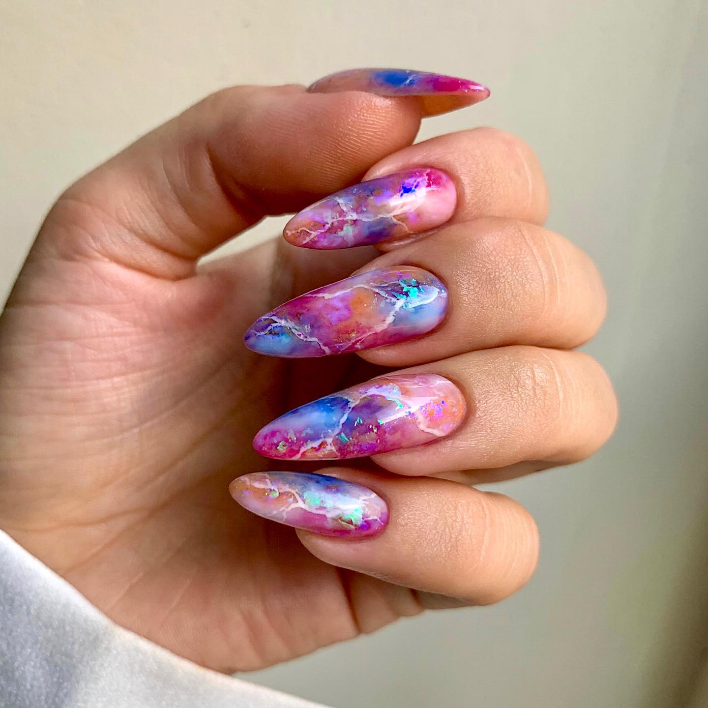 Long Round Colorful Marble Nails
