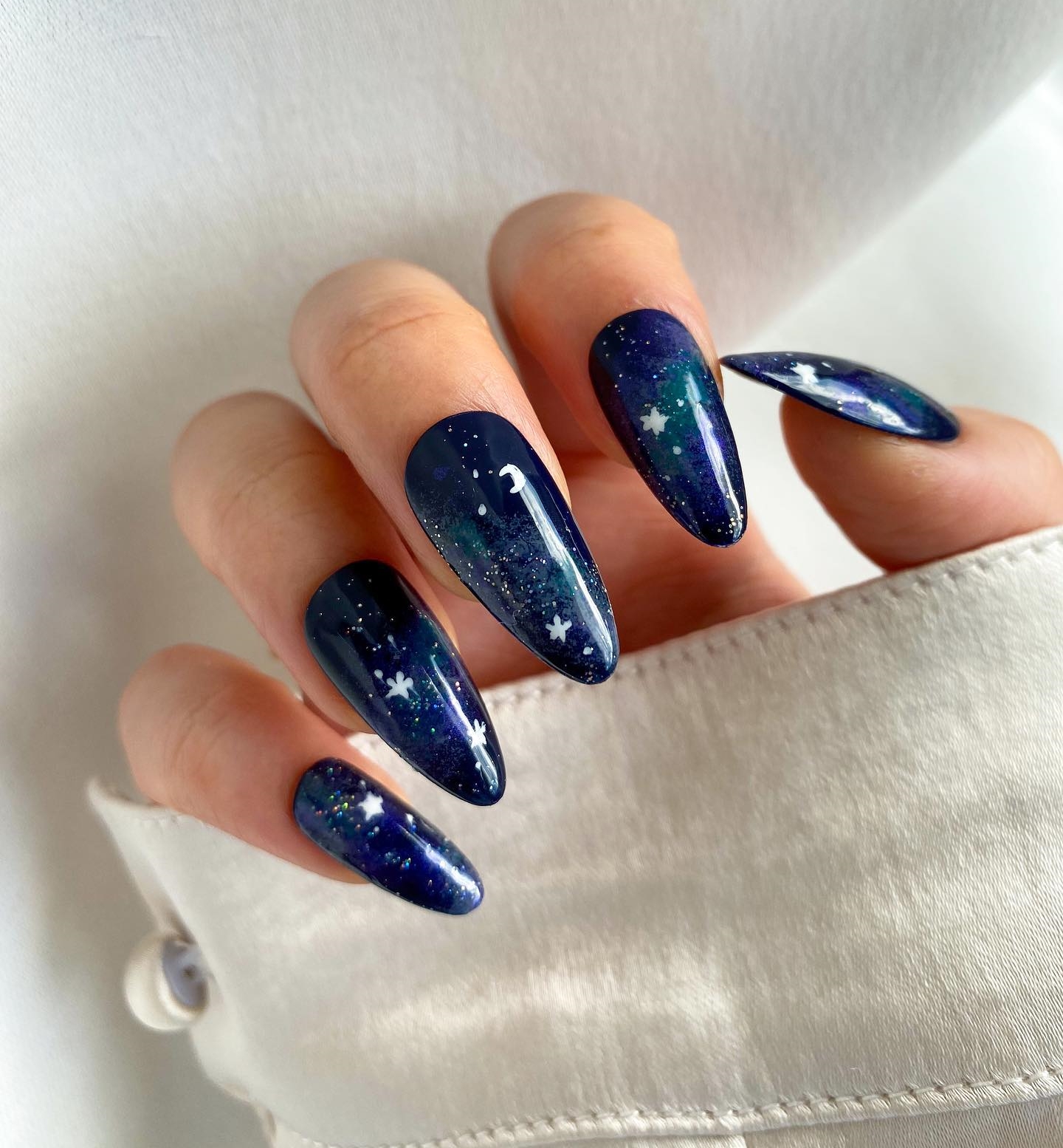 Long Round Dark Blue Galaxy Nails 