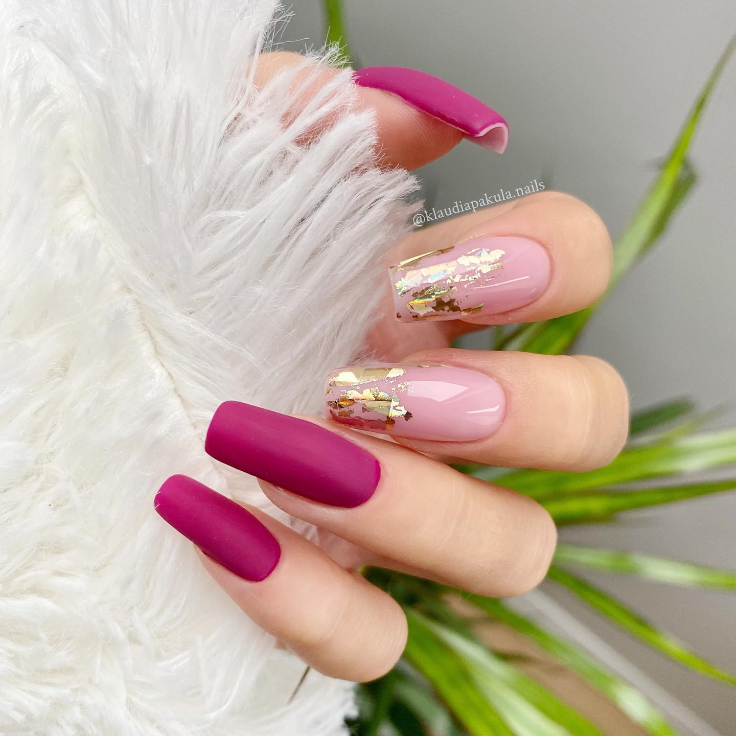 Long Square Burgundy Nails with Gold Foil