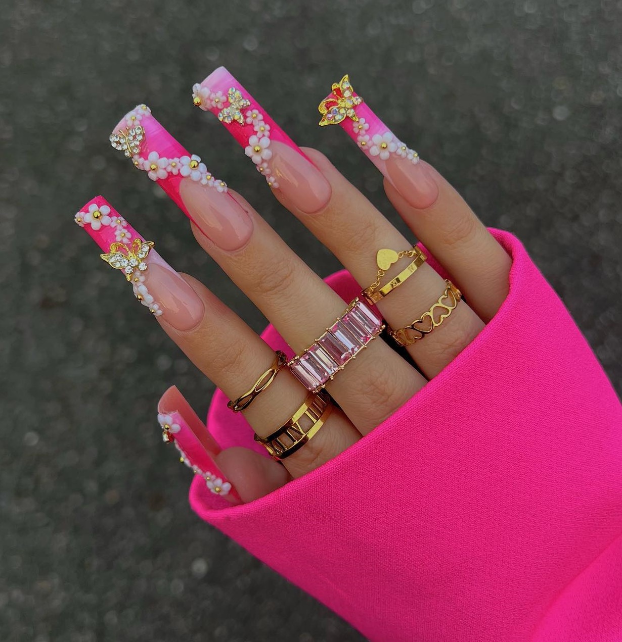 Long Square Pink Nails with 3D Butterfly Design