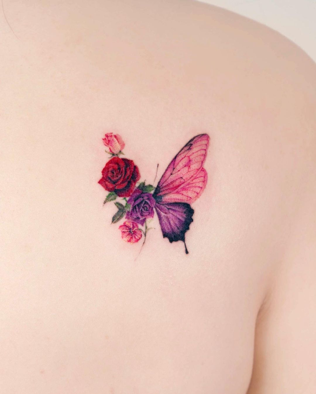 Red Rose and Butterfly Tattoo on Shoulder