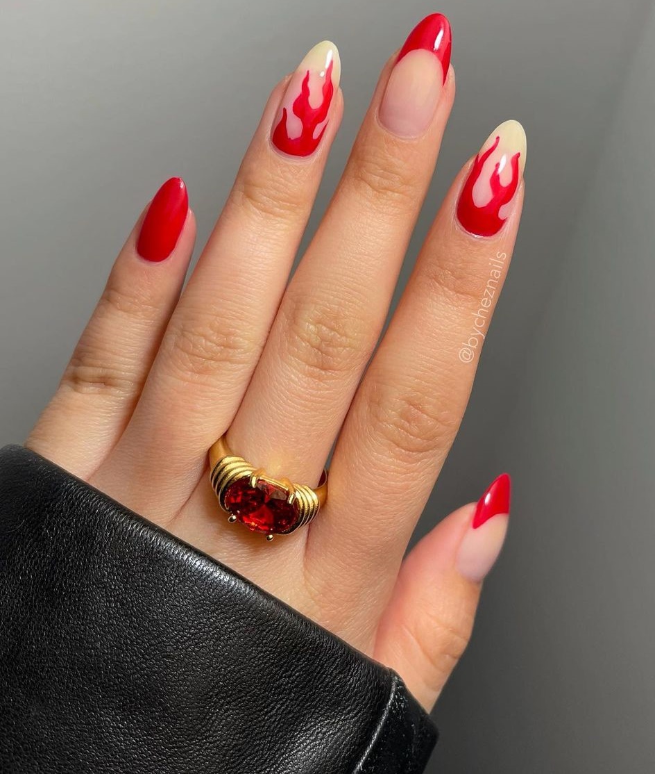 Short Clear Nails with Red Flame Design