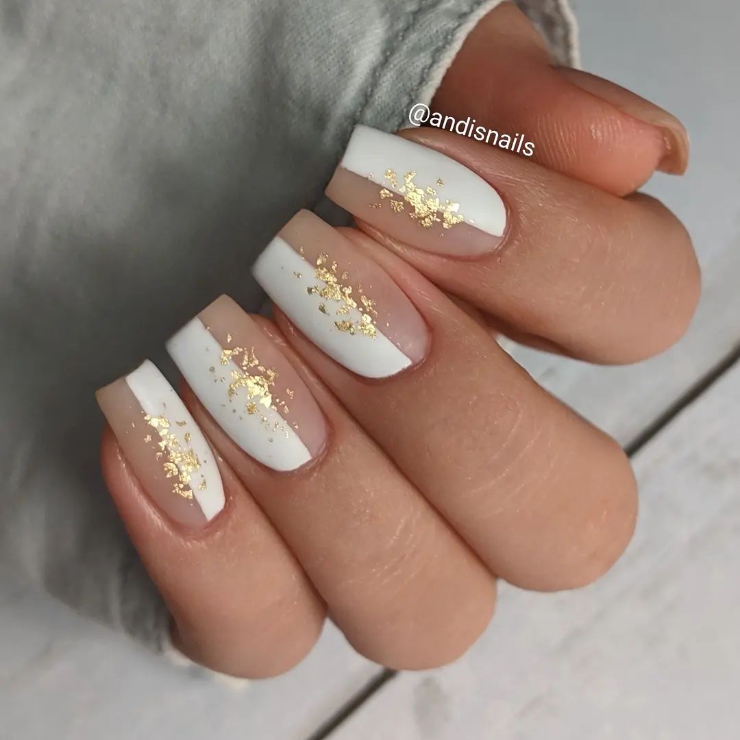 White and Beige Matte Nails with Glitters