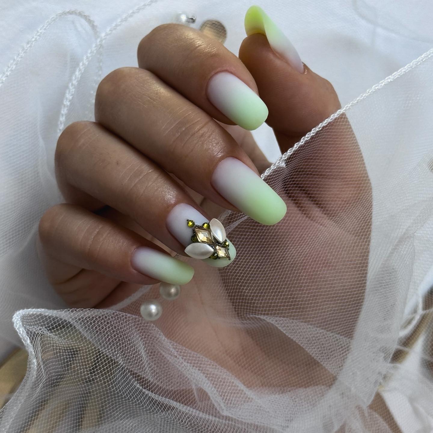 White to Green Ombre Nails with Rhinestones