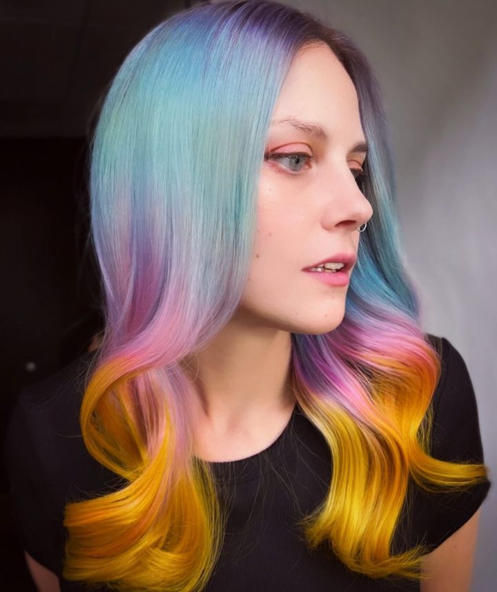 Blue to Yellow Color Melt on Long Straight Hair
