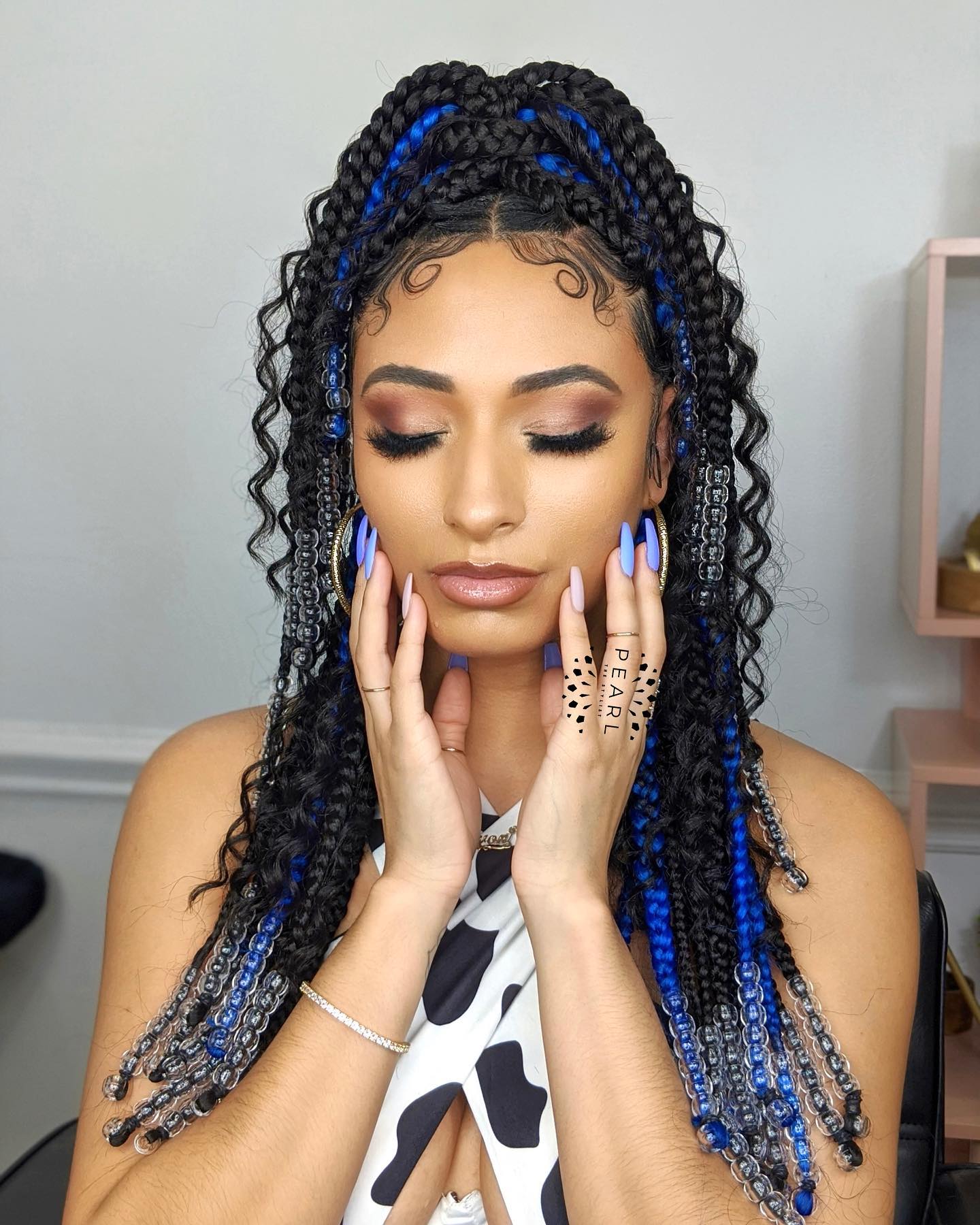 Bohemian Curly Ponytail with Blue Strands