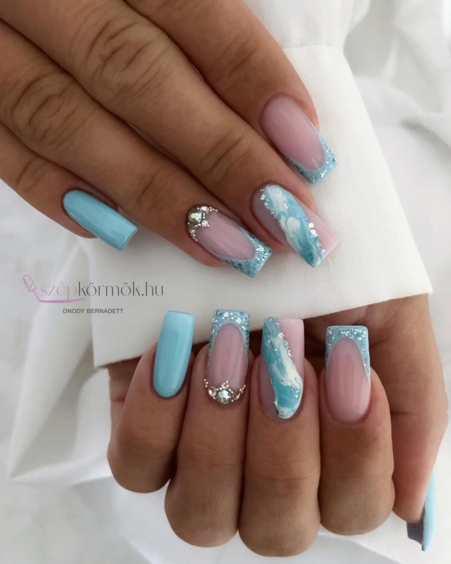 Light Blue Nails with Rhinestones