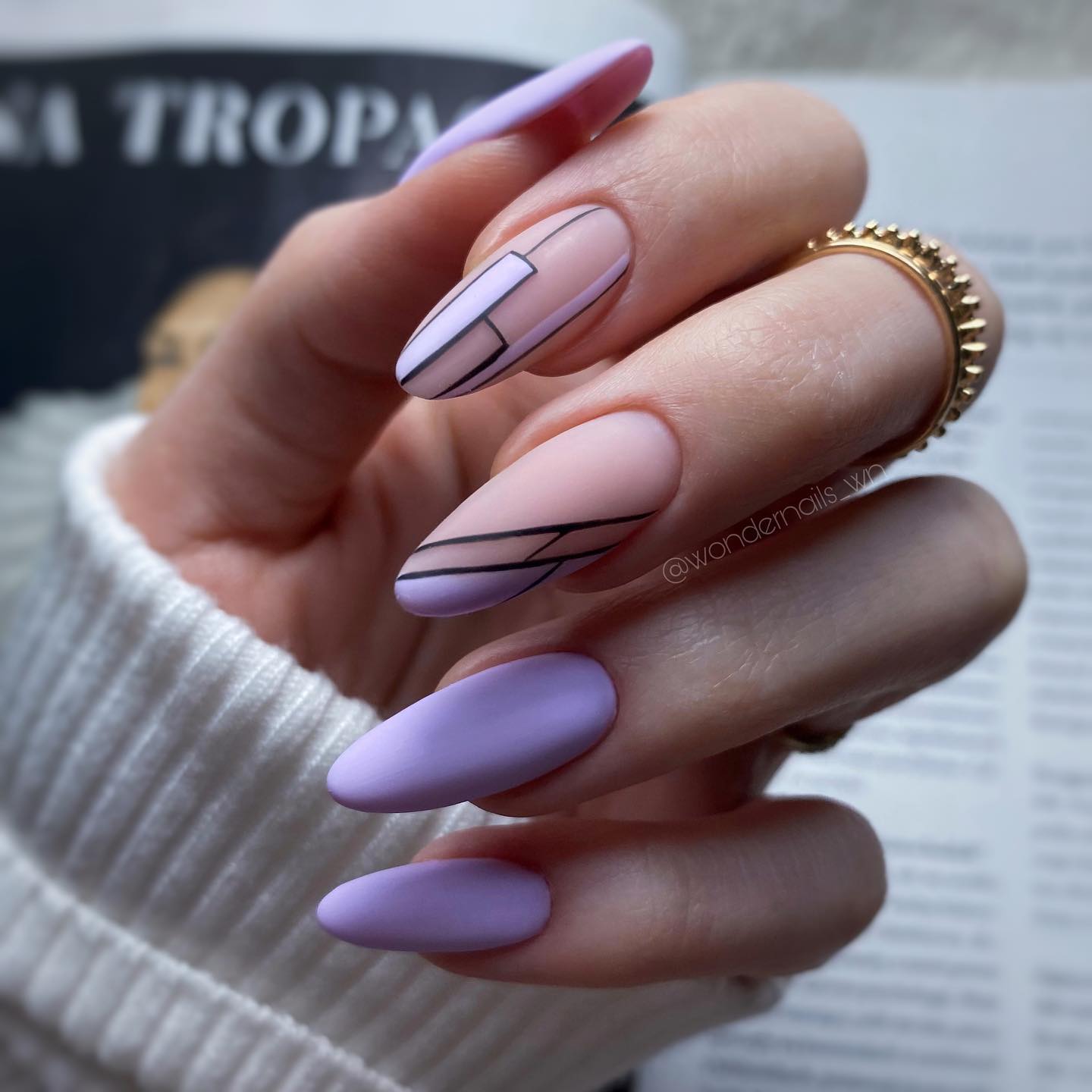 Long Round Light Purple Matte Nails with Black Lines