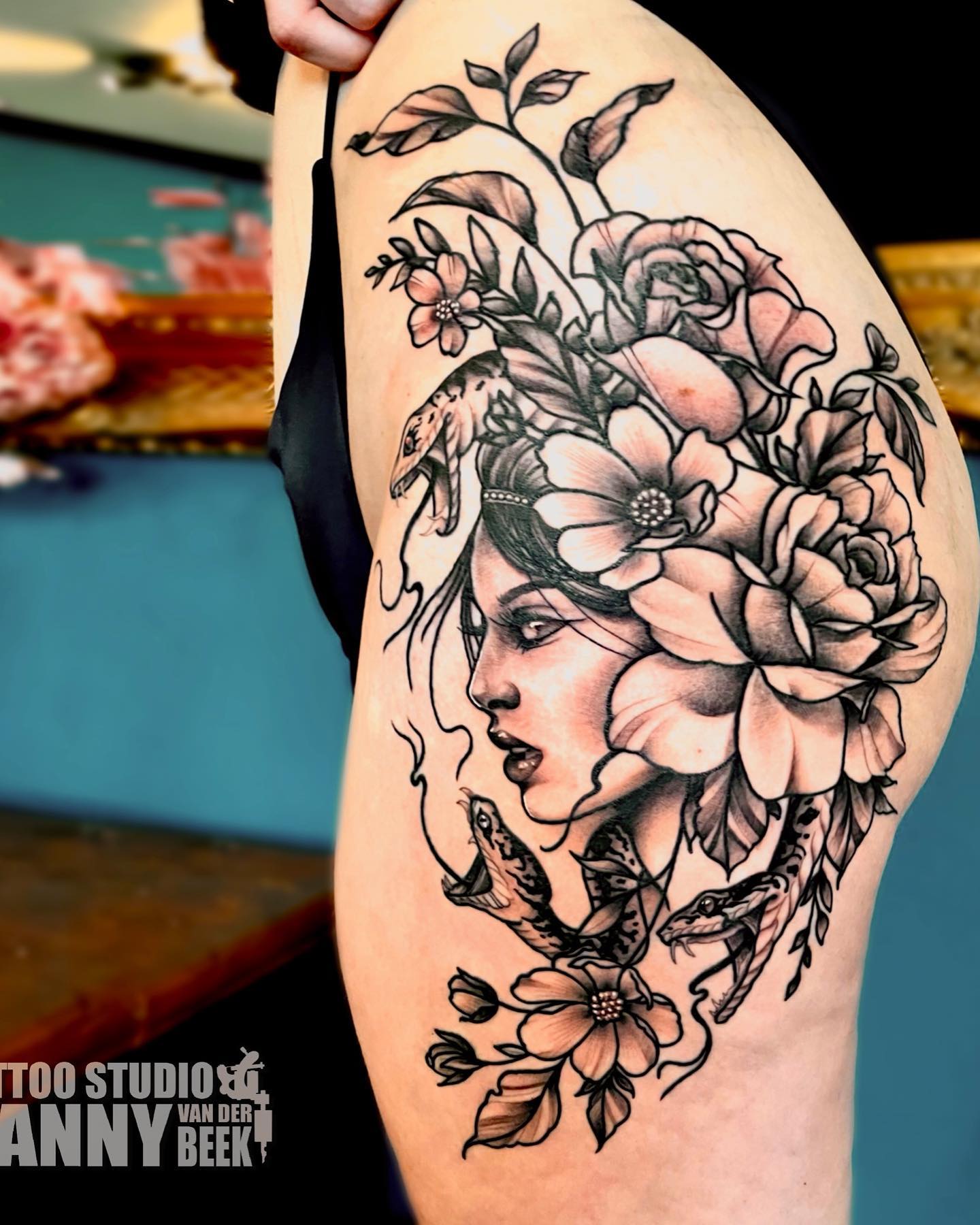 Medusa Flower Tattoo on Thigh