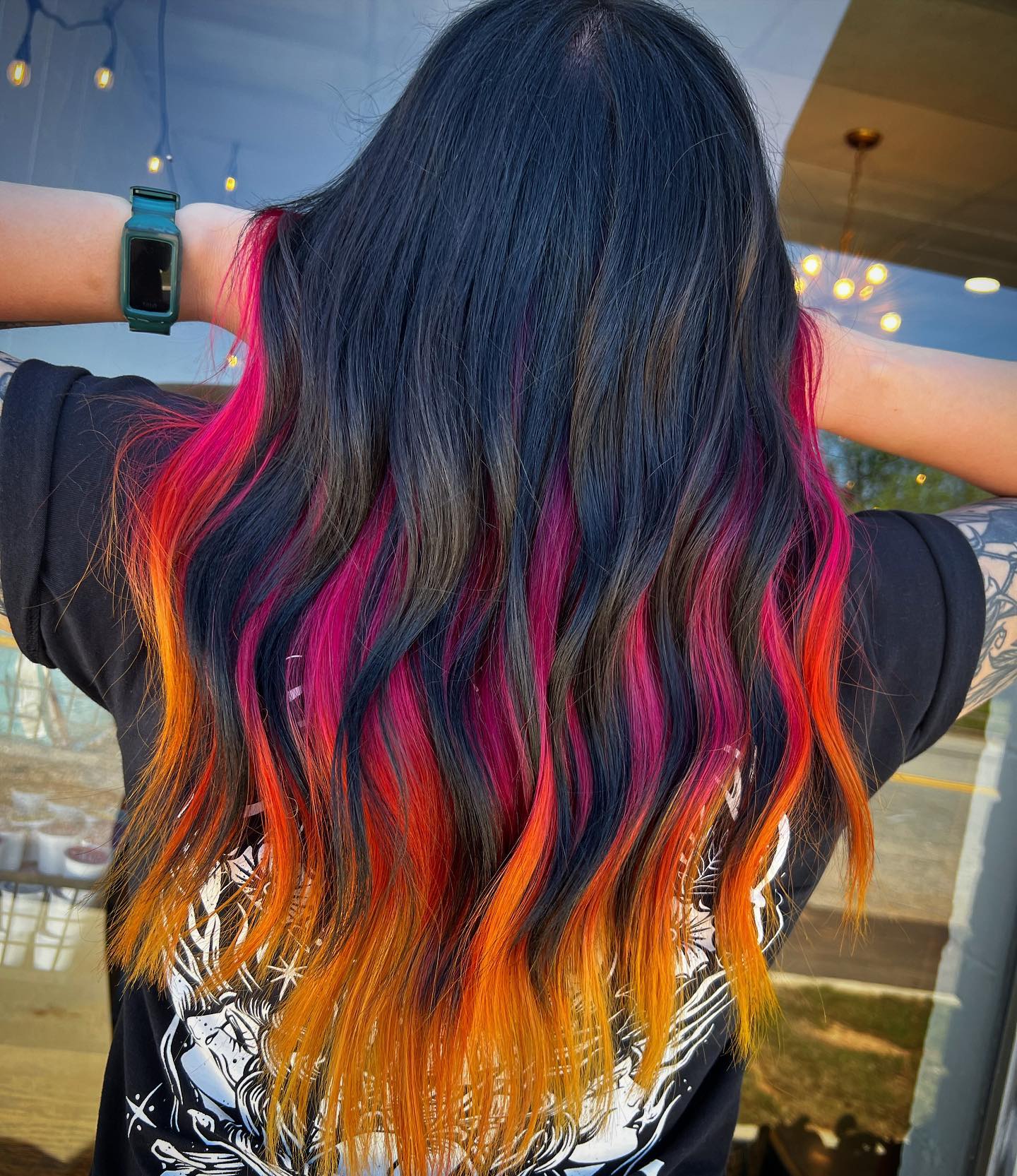 Orange and Pink Highlights on Long Black Hair
