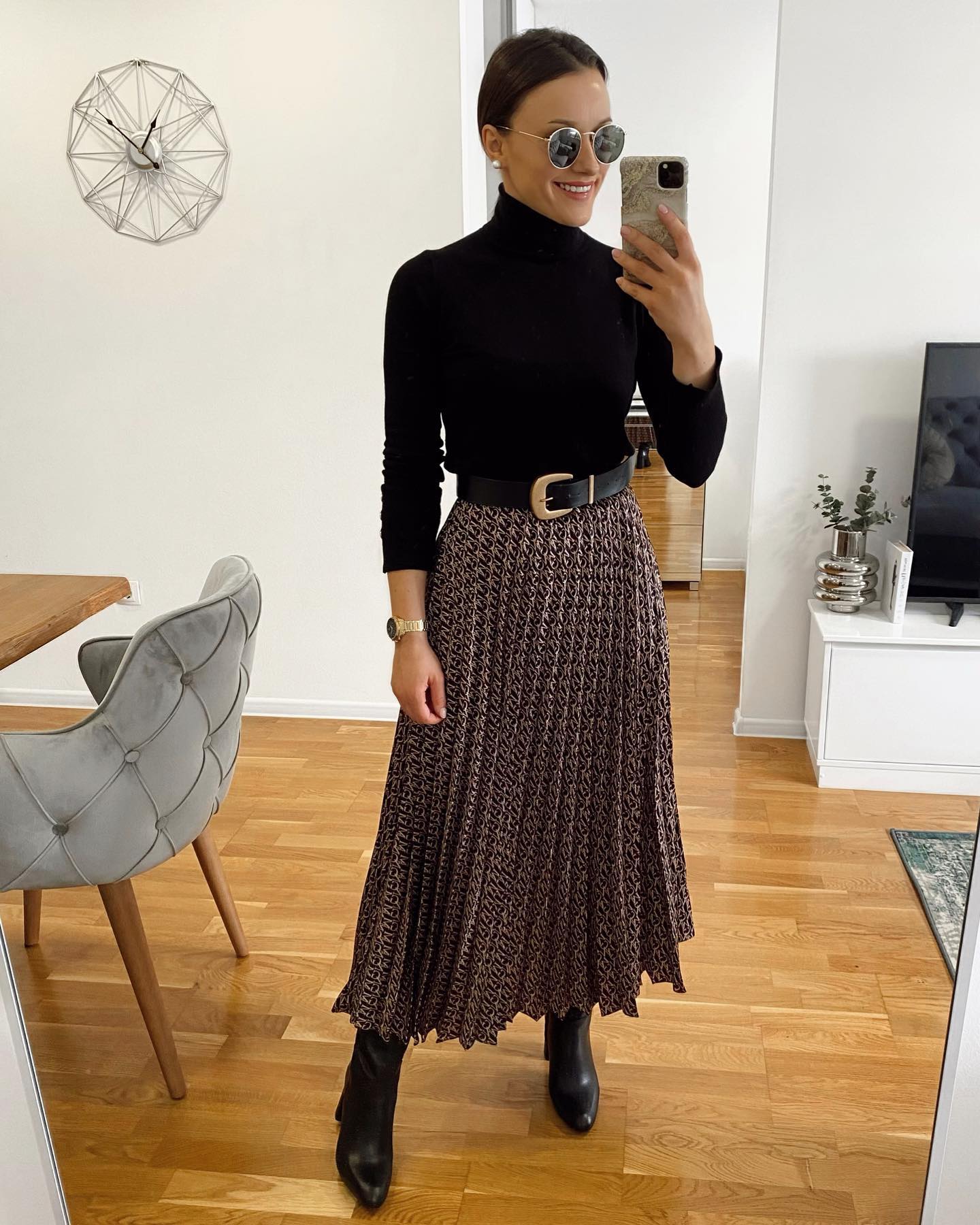 Pleated Skirt with Black Top and Belt