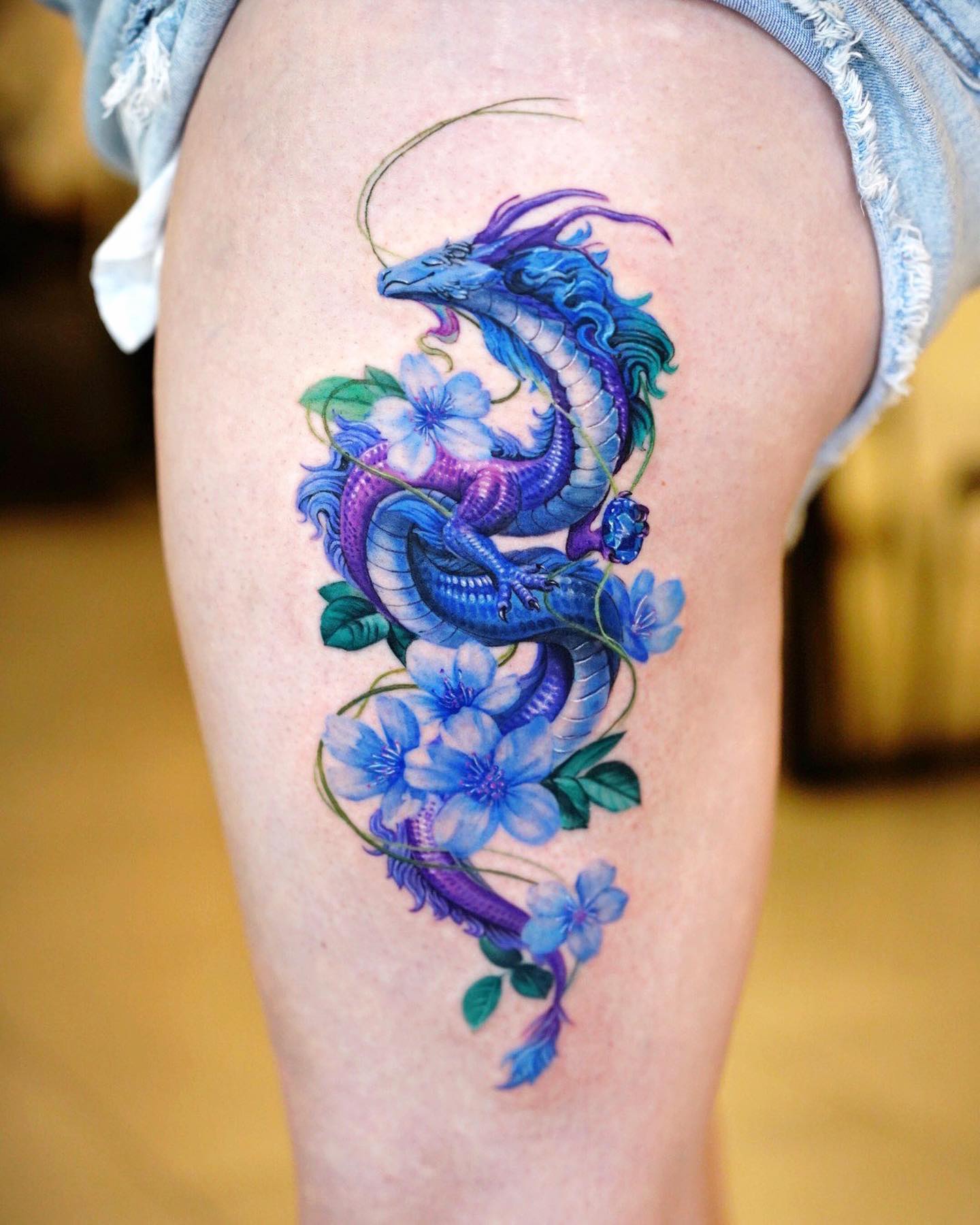 Purple Dragon with Flowers Tattoo