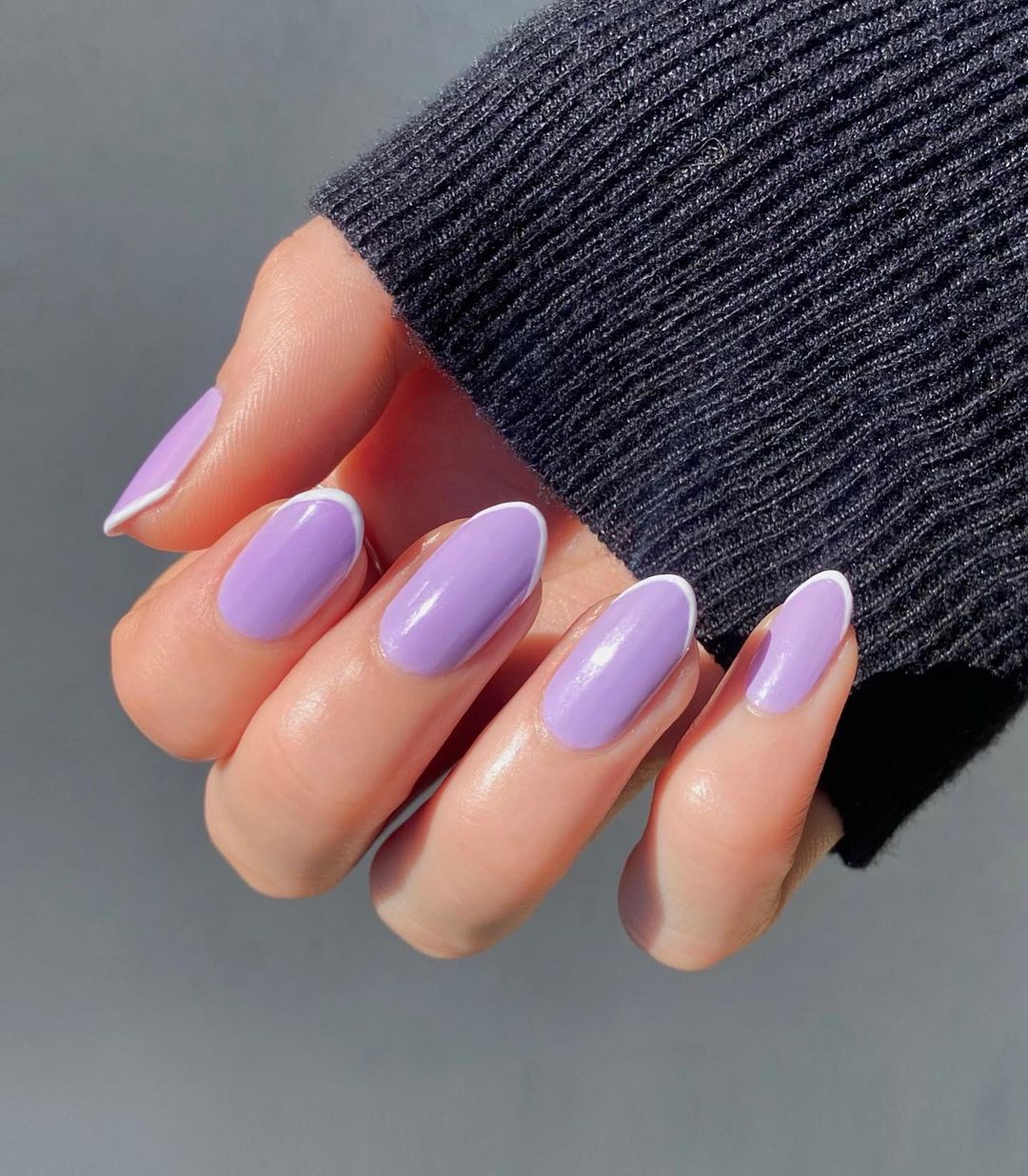 Purple Medium Length Almond Nails with White Tips