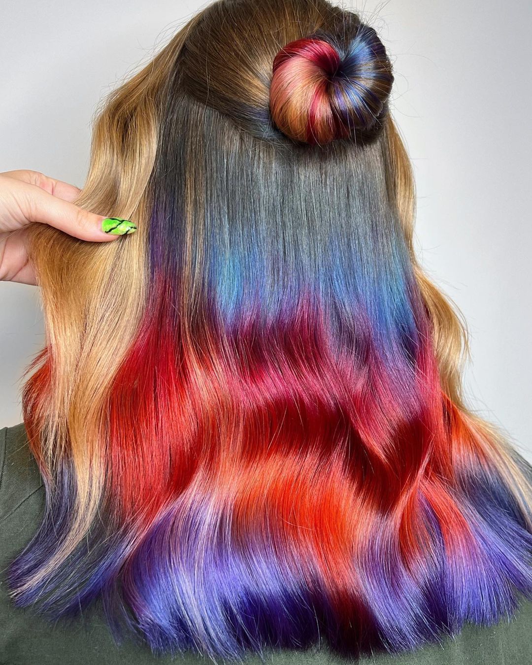 Red and Blue Peekaboo Highlights on Blonde Hair