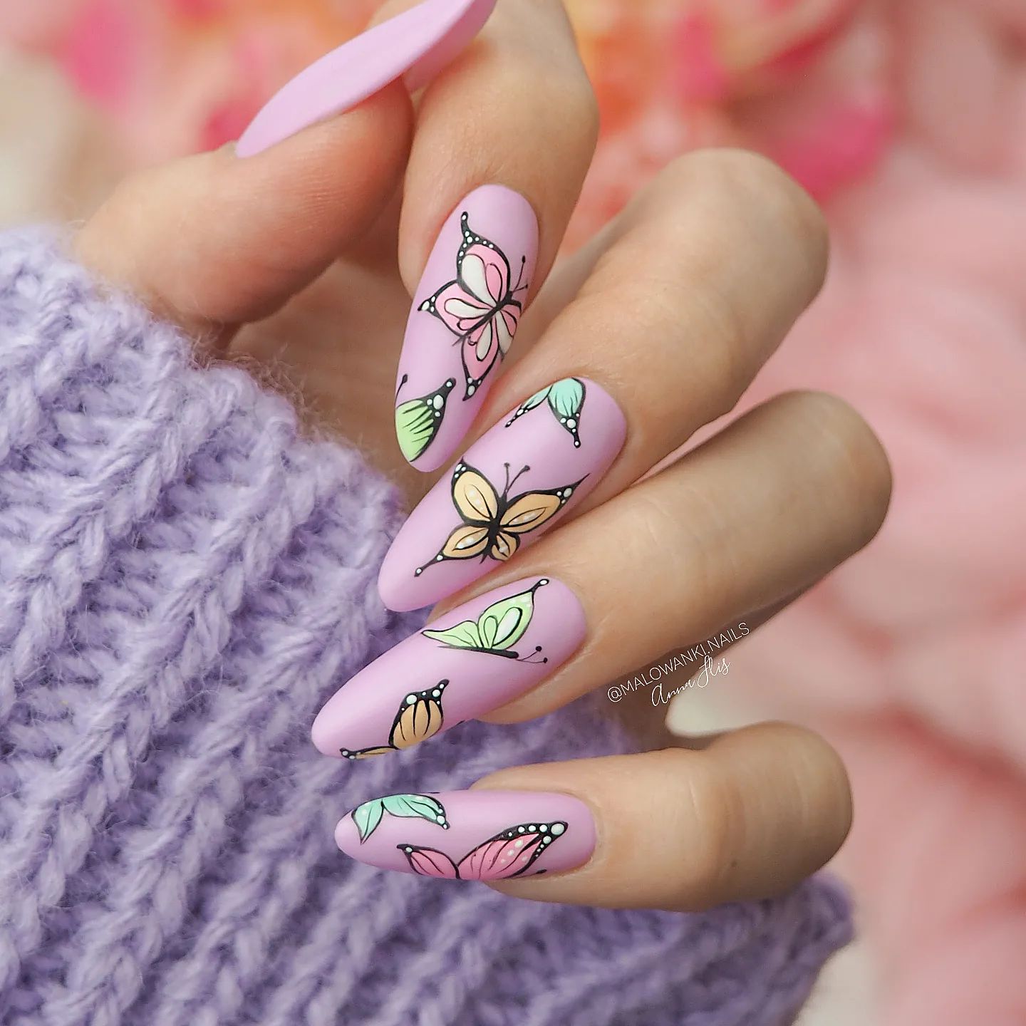 Round Pink Matte Nails with Butterflies