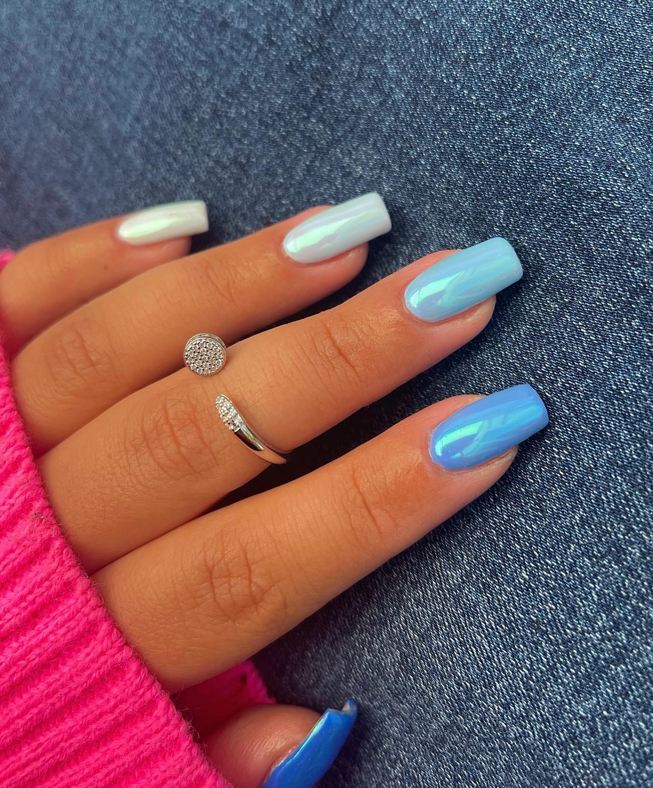 Short Square Baby Blue Chrome Nails