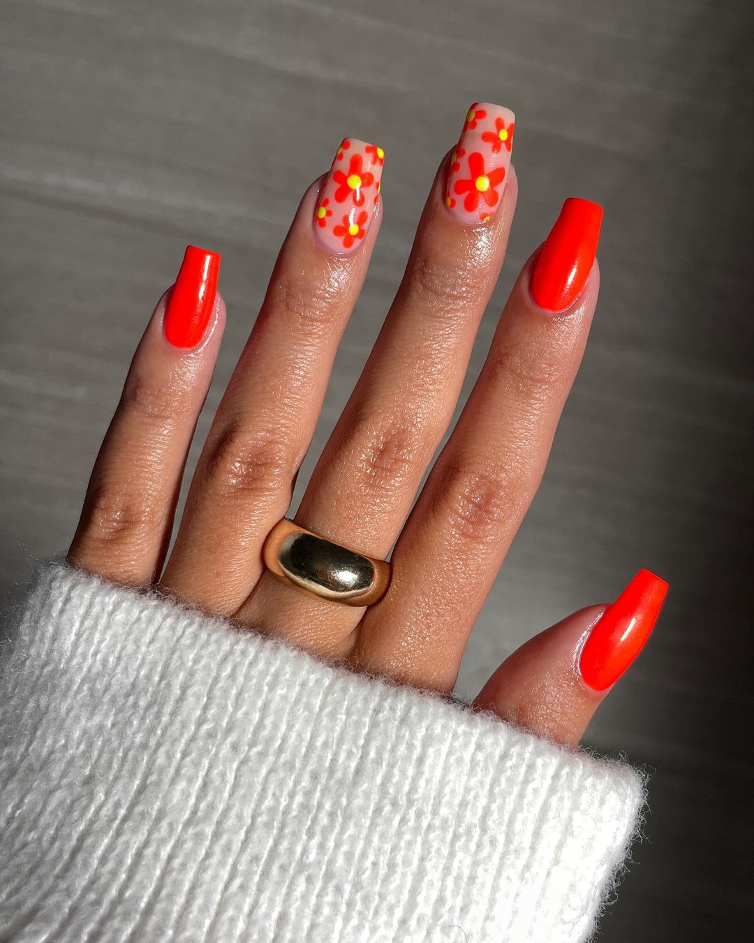 Square Red Neon Nails with Floral Design