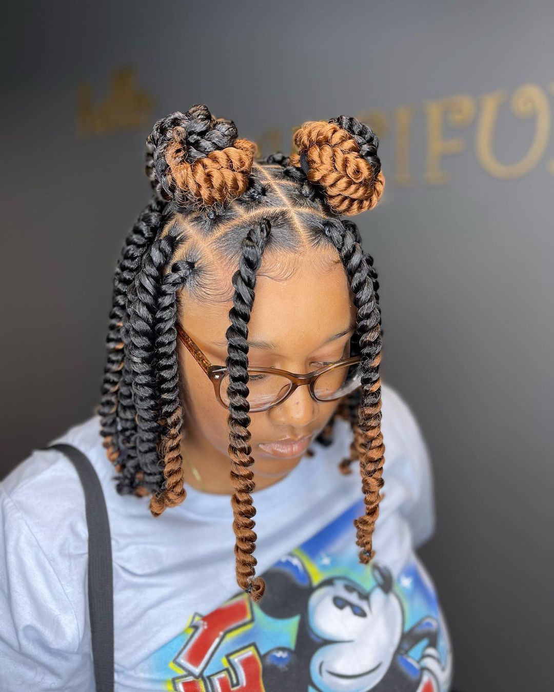 Two Strand Twist Hairstyle with Two Buns and Brown Highlights