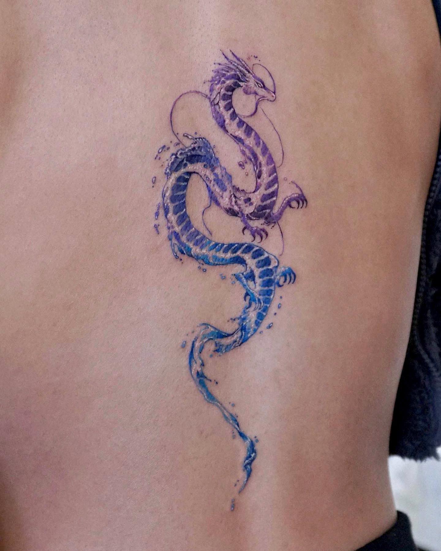 Blue and Purple Dragon Tattoo on Back