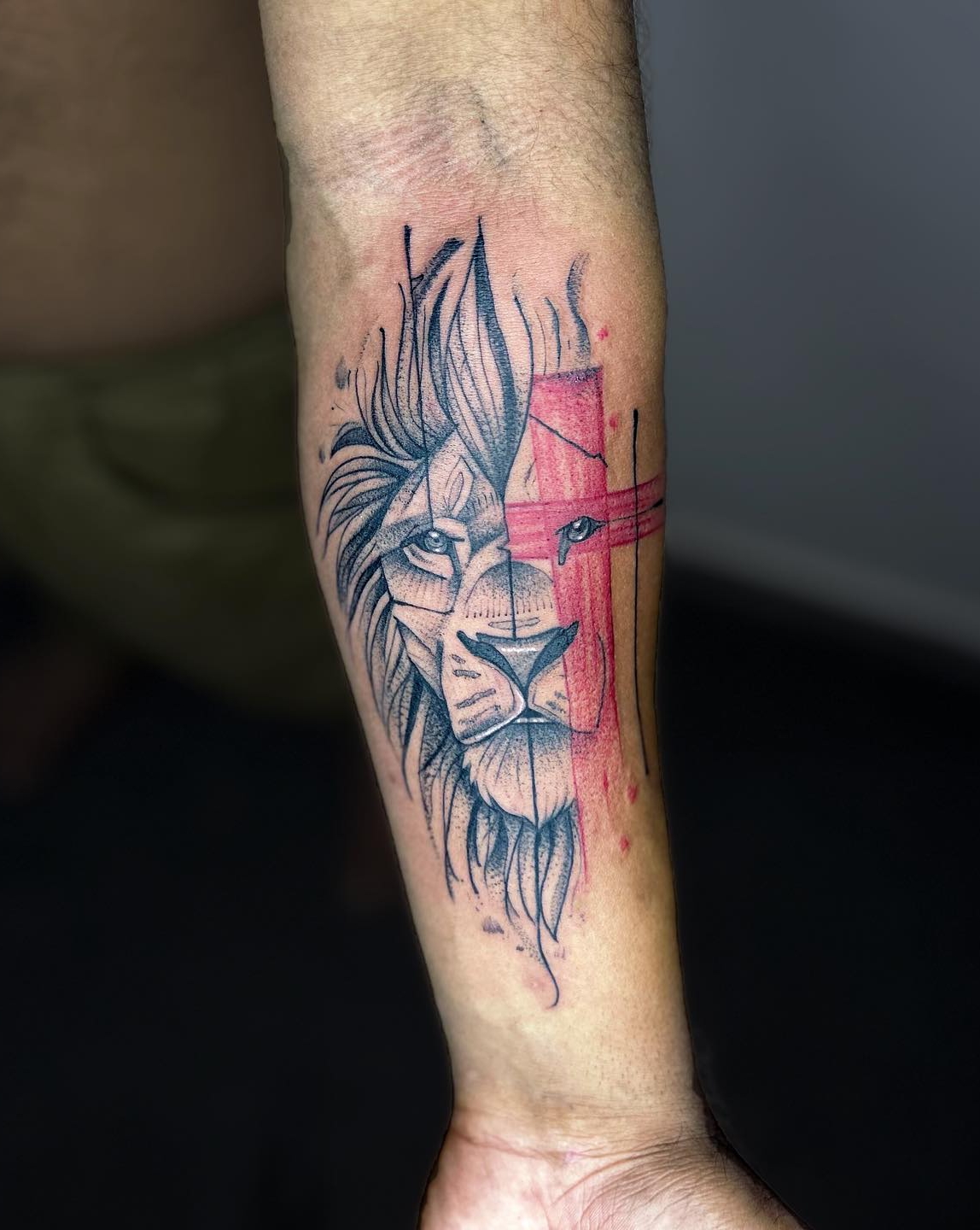 Half Lion and Cross Tattoo onArm