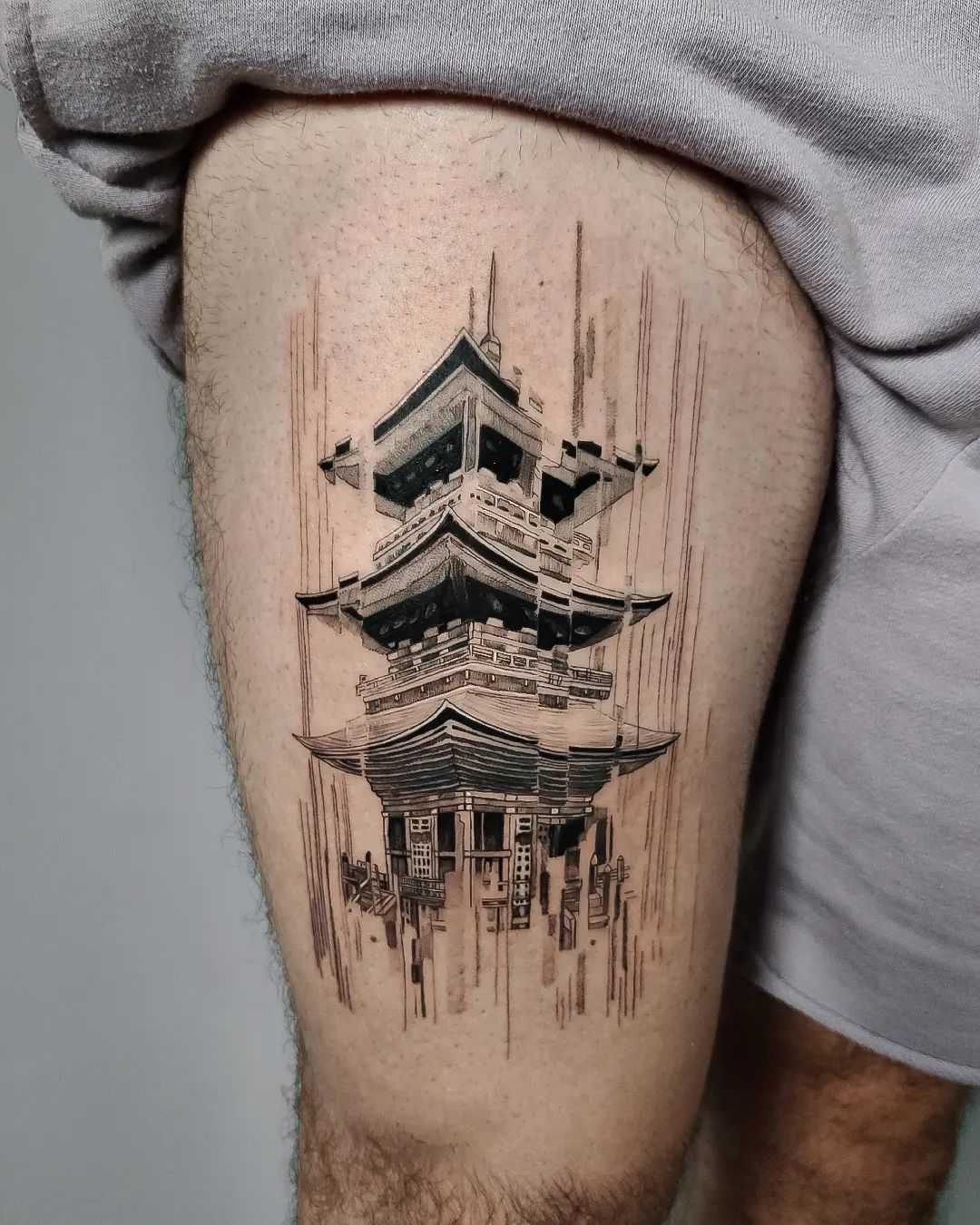 Japanese Temple Tattoo on Leg