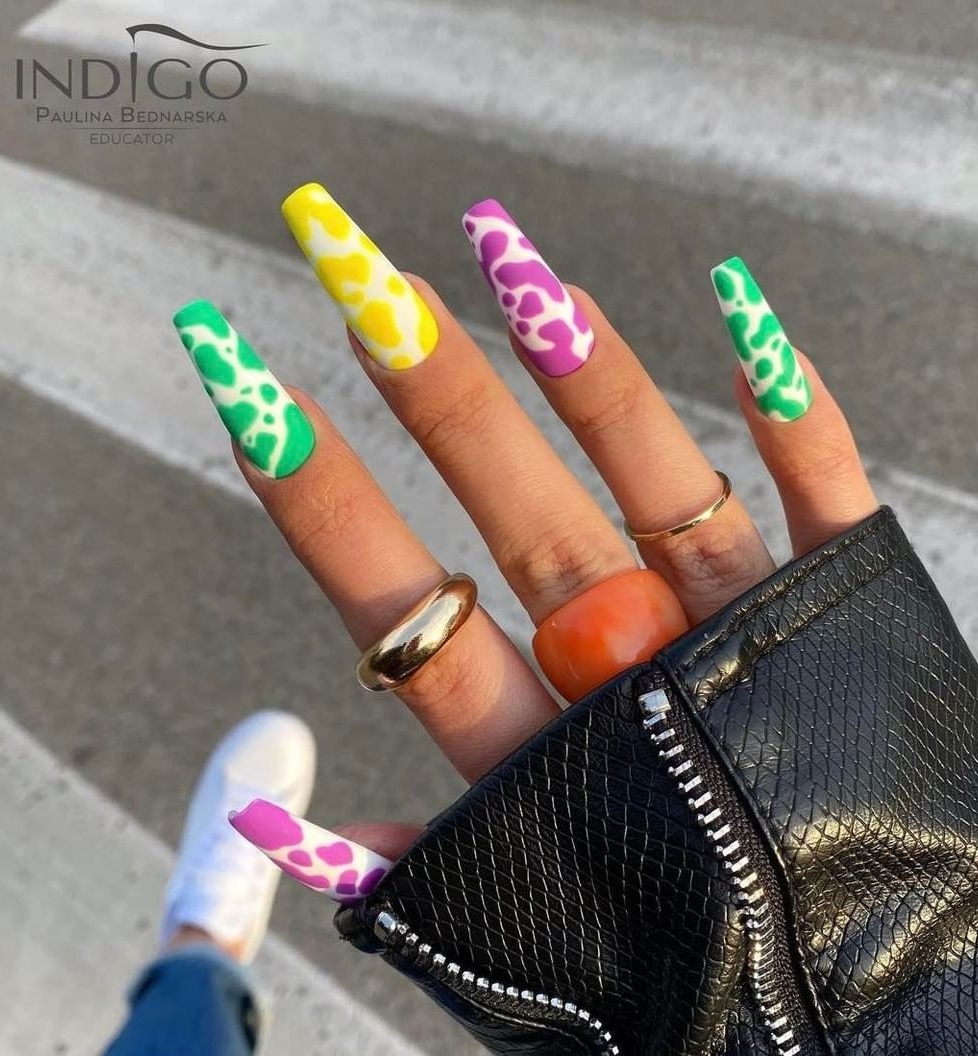 Long Acrylic Multicolored Cow Print Nails