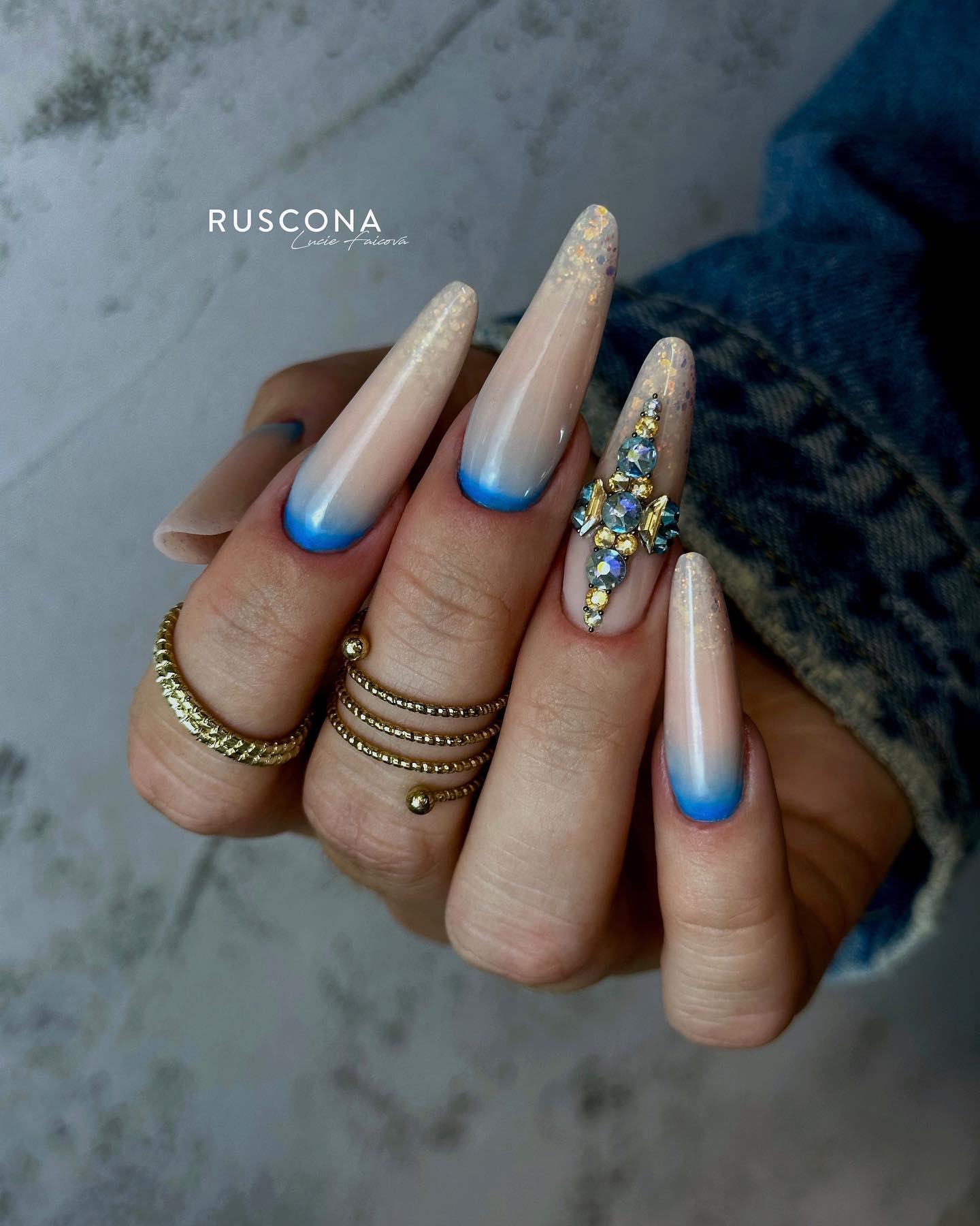 Long Blue to Nude Ombre Nails with Rhinestones